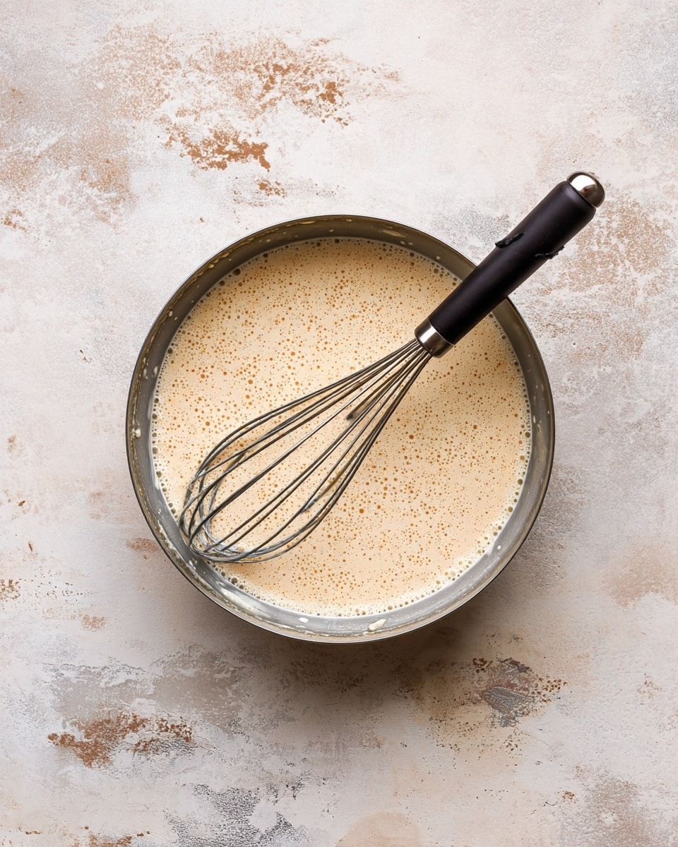 A round metal bowl filled with a light beige, smooth batter that has tiny bubbles on its surface. Inside the bowl, a metal whisk with a black handle rests, partially submerged in the batter. The bowl is placed on a white marbled textured surface with soft brown and grey spots. photo taken with an iphone --ar 4:5 --v 7