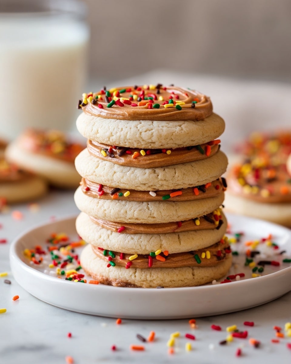 A stack of six round cookies sits on a white plate with a white marbled background, each cookie has a light beige color and a smooth texture. Between each cookie is a layer of thick light brown frosting with a swirl pattern, and the top side of every cookie is also covered with this frosting. Brightly colored sprinkles in red, yellow, orange, green, and dark brown are scattered on the frosting, with some falling onto the plate and surface around. A glass of milk is visible in the blurred background. photo taken with an iphone --ar 4:5 --v 7