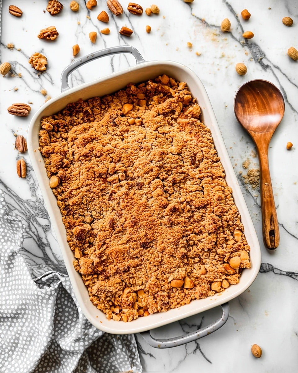 A white rectangular baking dish filled with a thick, crumbly layer of golden brown topping mixed with small pieces of chopped nuts, slightly uneven in texture and covering the entire dish. The dish sits on a white marbled surface scattered with some whole and broken nuts around it. To the right of the dish lies a wooden spoon, and a white cloth with a gray dotted pattern is partly visible on the left side. The photo taken with an iphone --ar 4:5 --v 7