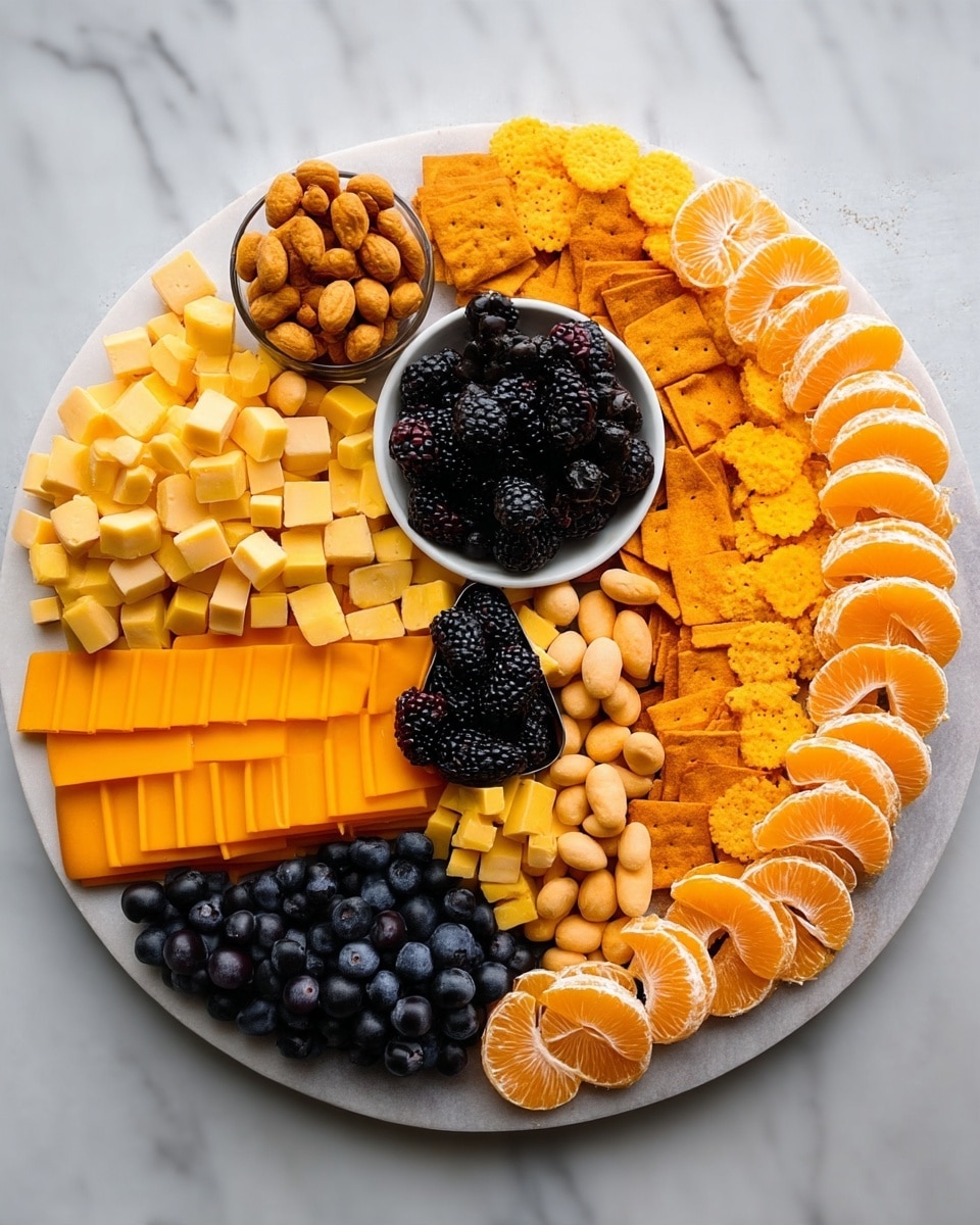 A large white round tray filled with many layers of snacks and fruits arranged in vertical stripes. From left to right: bright orange dried apricots, yellow goldfish crackers, pale orange cantaloupe cubes, bright orange cheese popcorn, orange spiced nuts, black olives in a small heart-shaped container, small light yellow cheese cubes, another heart-shaped container with blackberries, pale round nuts, and clusters of dark blue grapes lying across the middle near the bottom. The tray sits on a white marbled surface. photo taken with an iphone --ar 4:5 --v 7