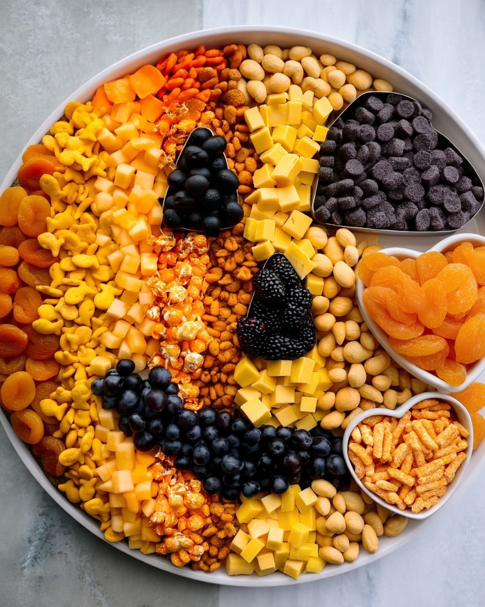 A large round board with a white marbled texture surface is densely arranged with various colorful snacks and fruits in neat sections. Starting from the left edge, there are small cubes of pale yellow cheese, followed by a smaller container filled with shiny black licorice pieces. Underneath, a smaller container holds shiny black blackberries. Next to the cheese cubes are some beige oval nuts, then bright orange square crackers stacked in a thick layer. Adjacent to the square crackers is a row of round, lace-textured orange cheese crisps. To the right edge, there are bright orange slices of cheddar cheese neatly lined up, topped with peeled tangerine segments. Below the nuts near the bottom edge are clusters of dark blue shiny blueberries. The whole arrangement is symmetrical and colorful. photo taken with an iphone --ar 4:5 --v 7