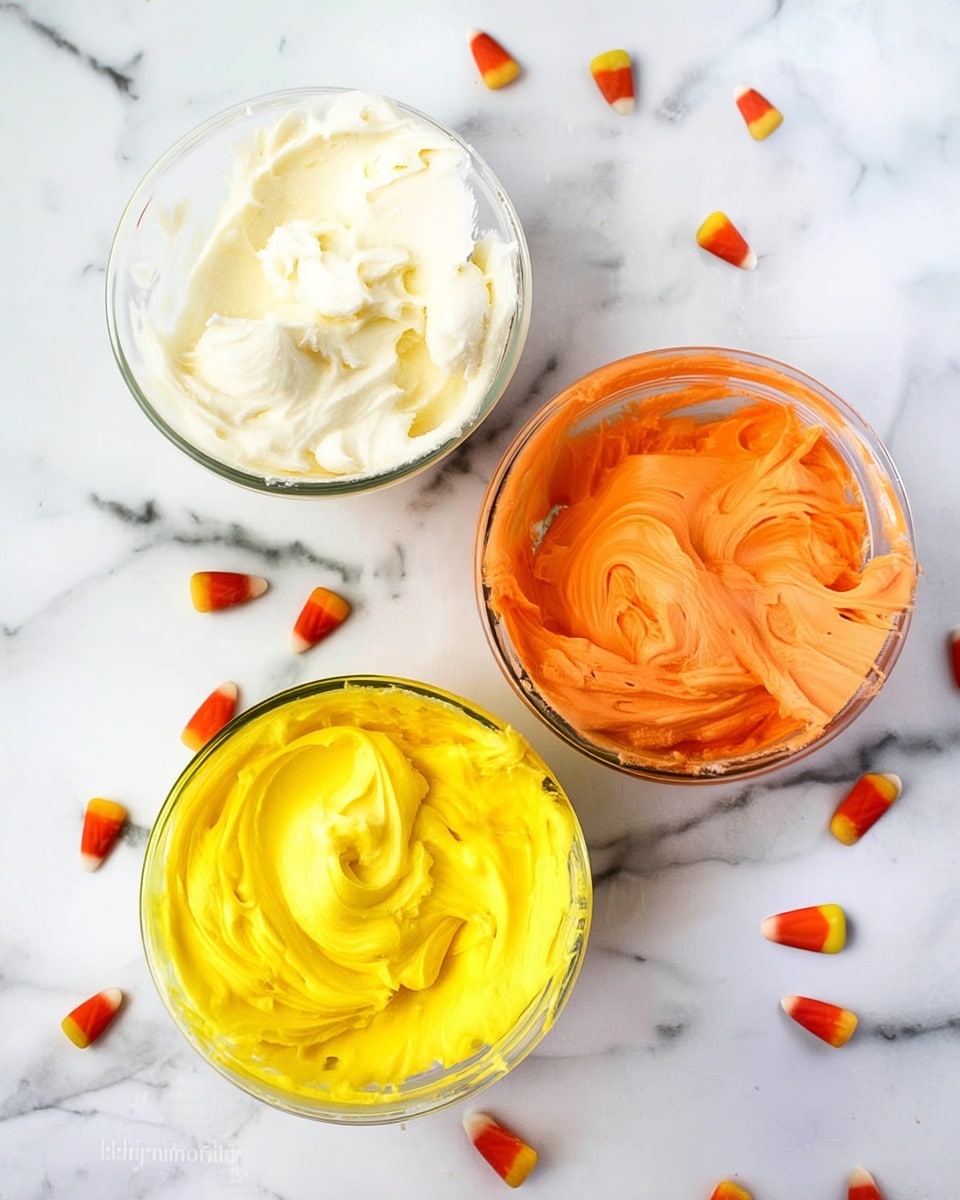 Three clear glass bowls are placed on a white marbled surface, each filled with a different color of frosting. The top bowl holds smooth, creamy white frosting with soft peaks and a light texture. To the right, there is a bowl filled with bright orange frosting that looks thick and has smooth swirls. The bottom bowl contains vivid yellow frosting, which is also creamy and thick with soft swirls. Small candy corn pieces are scattered around the bowls on the white marbled surface. photo taken with an iphone --ar 4:5 --v 7