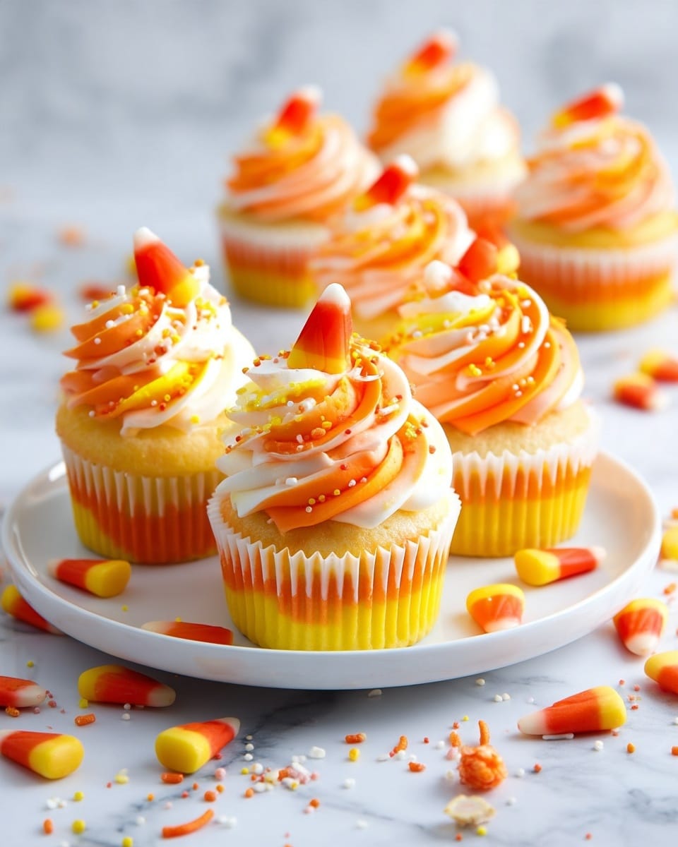 A cupcake with three visible layers: the bottom layer is bright yellow, the middle layer is orange, and the top layer is pale beige. On top of the cupcake, there is a swirl of orange and white frosting decorated with small orange and white sprinkles. A candy corn piece sits on the frosting’s peak. The cupcake liner is white, and the cupcake is placed on a white marbled surface with scattered candy corns and sprinkles around it. In the background, more cupcakes with similar frosting blur softly. Photo taken with an iphone --ar 4:5 --v 7