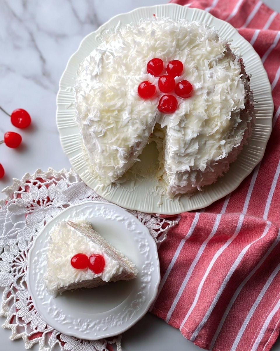 A round, white-frosted cake covered in shredded white coconut flakes is shown with a slice removed to reveal a creamy white inside layer. On top of the cake, there are seven bright red cherries arranged in a flower shape in the center. The cake sits on a white textured plate, placed on a surface with white marble texture and a pink and white striped cloth underneath. A single slice of the cake, also covered in coconut flakes and topped with one red cherry, sits on a smaller white plate with an embossed floral design, resting on a crochet white doily. The overall look is soft, snowy white with pops of bright red from the cherries photo taken with an iphone --ar 4:5 --v 7