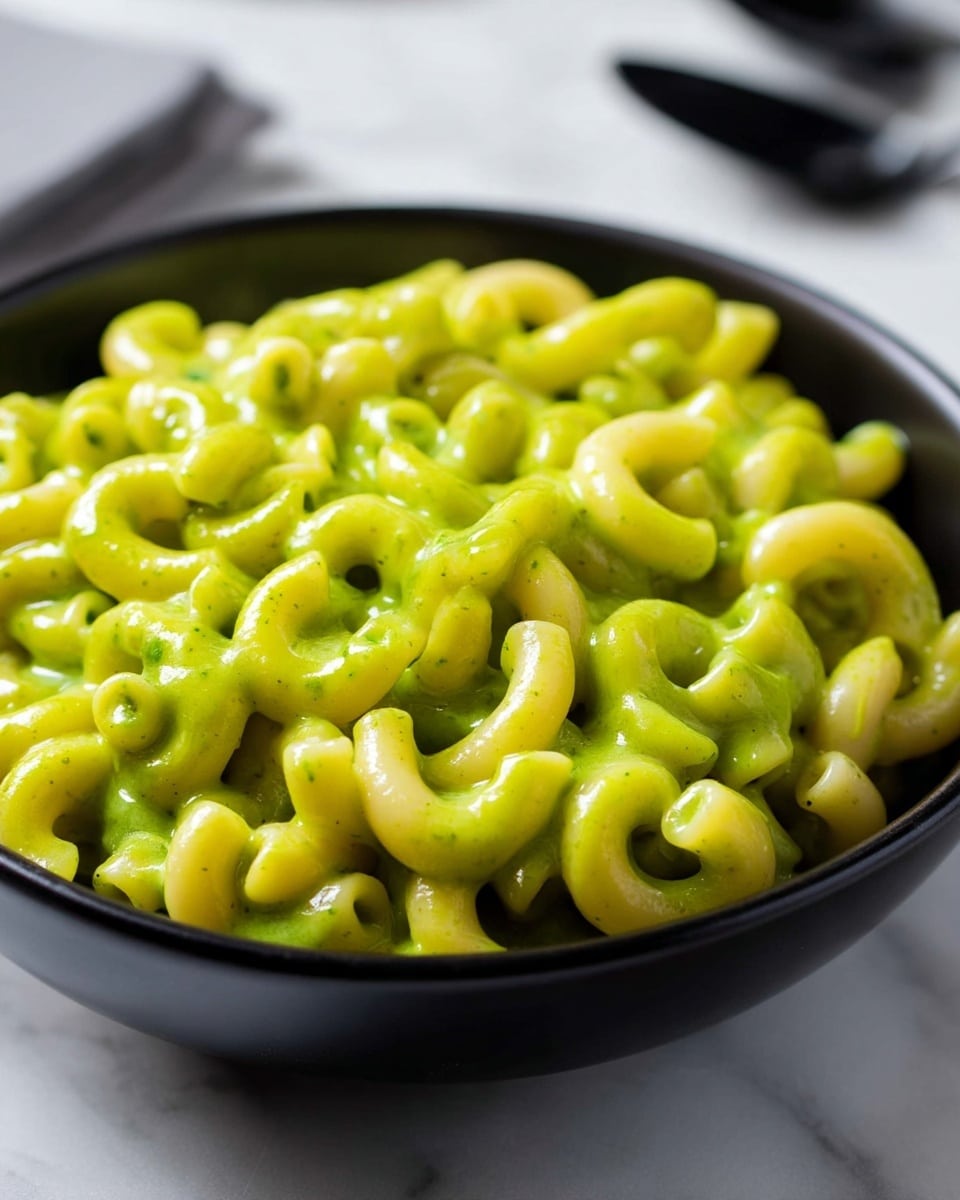 A close-up of a black bowl filled with elbow macaroni pasta completely covered in a shiny, thick green sauce that looks smooth with small green bits inside. The pasta is light yellow with a soft texture, and the green sauce coats every piece evenly, giving a creamy appearance. The bowl sits on a white marbled surface, and in the blurred background, some dark utensils can be seen. Photo taken with an iphone --ar 4:5 --v 7