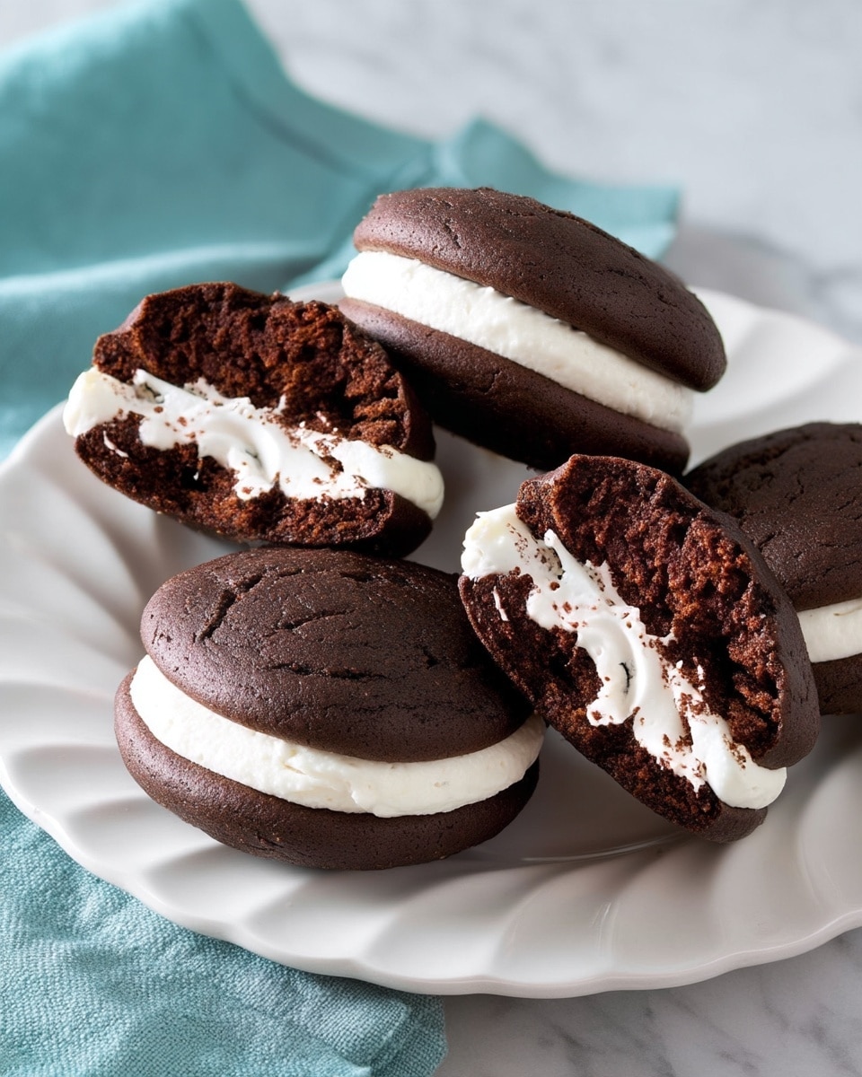 The image shows six chocolate sandwich cookies on a white plate with a scalloped edge placed on a white marbled surface. Each cookie has two dark brown, soft-looking cookie layers with a thick, smooth white cream filling in the middle. One cookie is broken in half, revealing the fluffy white cream inside contrasting with the moist, dark chocolate cookie layers. The cookies have a slightly cracked texture on top, showing their soft nature. The plate is accompanied by a folded teal cloth visible in the upper left corner of the image. photo taken with an iphone --ar 4:5 --v 7