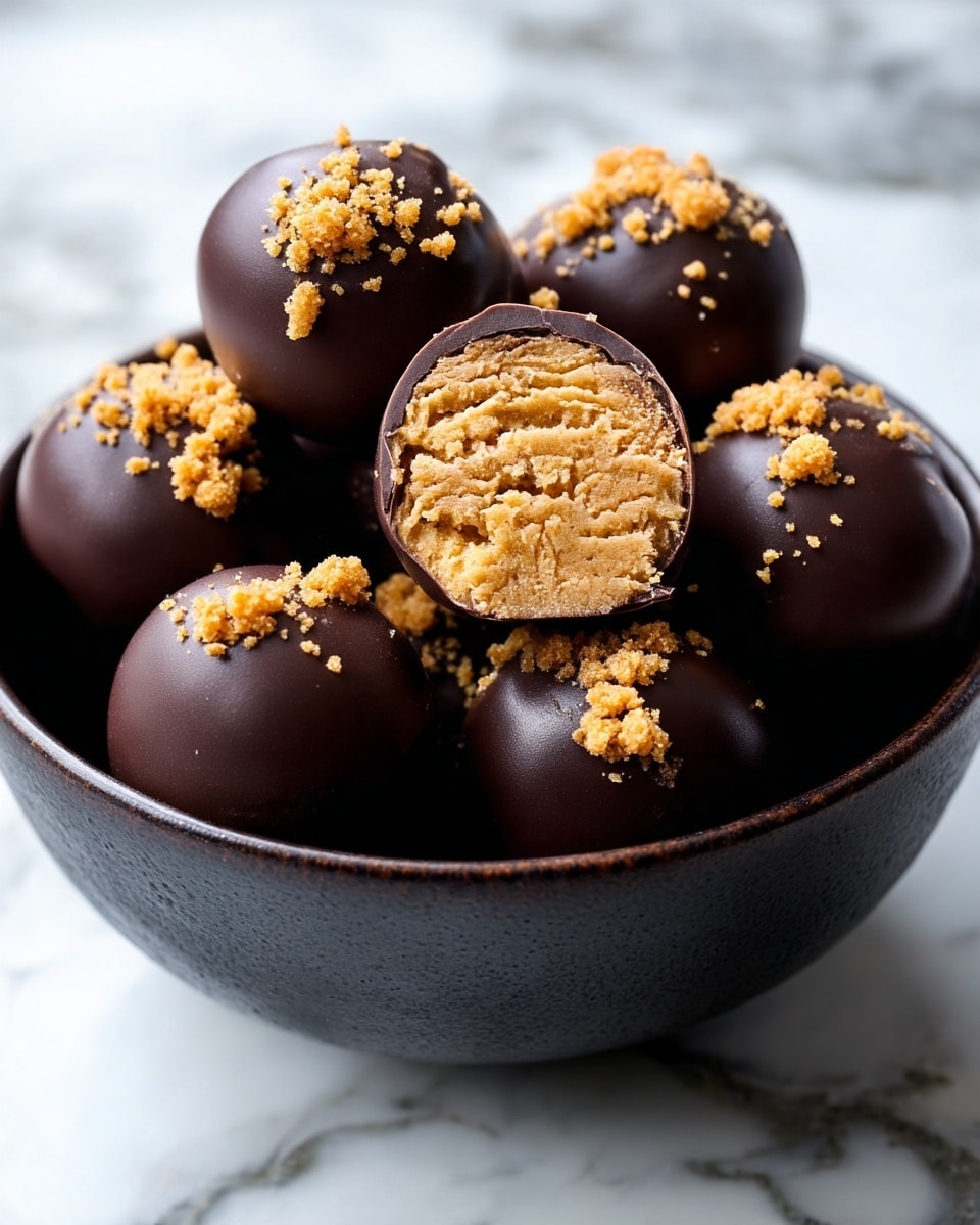 Round dark brown chocolate balls are scattered on an old, worn baking sheet. Each ball is coated smoothly with chocolate and topped with small crumbs of a light tan color. One ball is cut open, showing a soft, crumbly light tan center inside the chocolate coating. The surface underneath has a textured, aged look with different shades of grey and brown. photo taken with an iphone --ar 4:5 --v 7