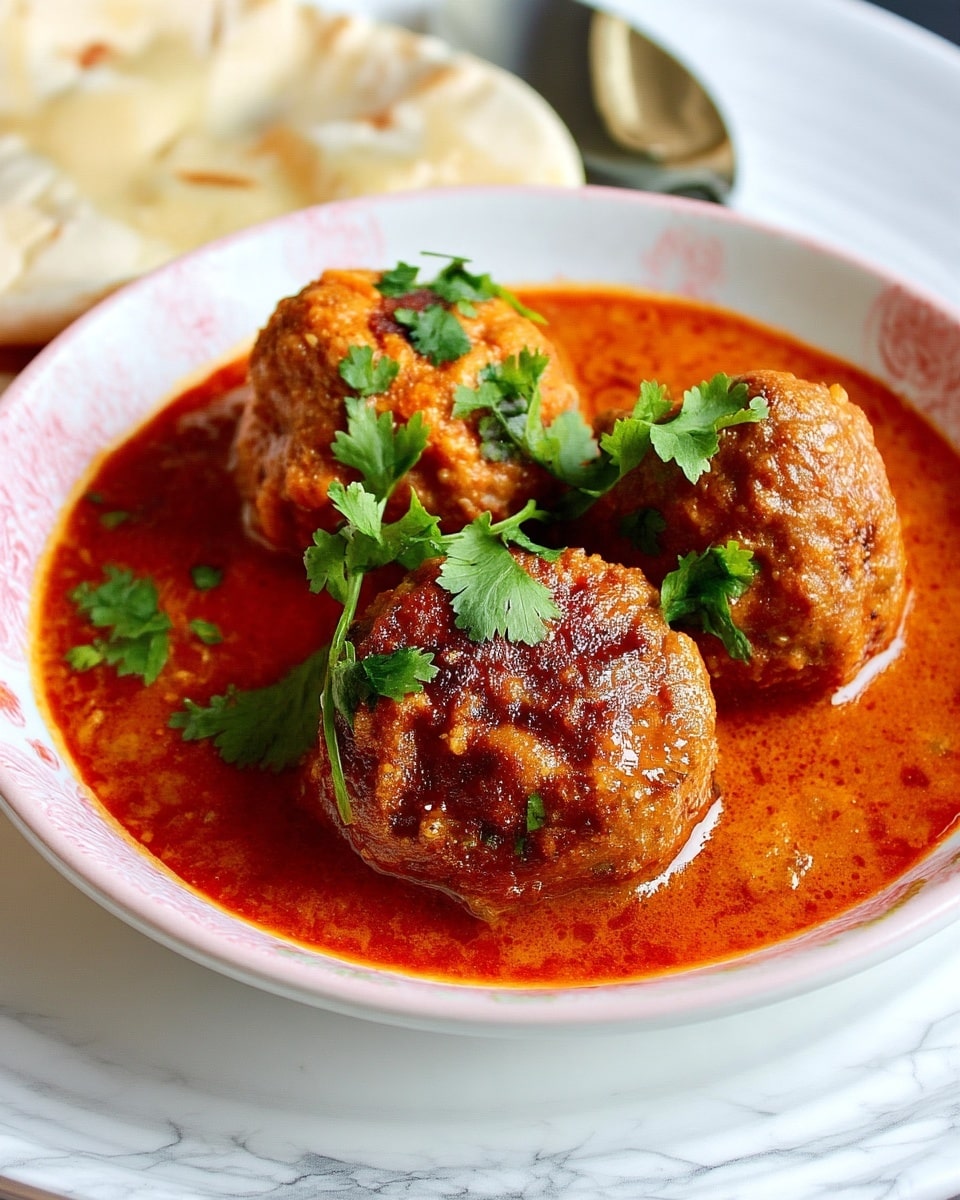 The image shows three large round meatballs sitting in a rich, orange-red sauce inside a white bowl with a subtle pink pattern on the rim. The meatballs have a browned, slightly crispy outer texture with some parts showing a softer, cooked inside. Fresh green cilantro leaves are scattered on top of the meatballs, adding a pop of color. Behind the bowl, there is a piece of light beige flatbread partially visible, resting on a white marbled surface. The photo taken with an iphone --ar 4:5 --v 7