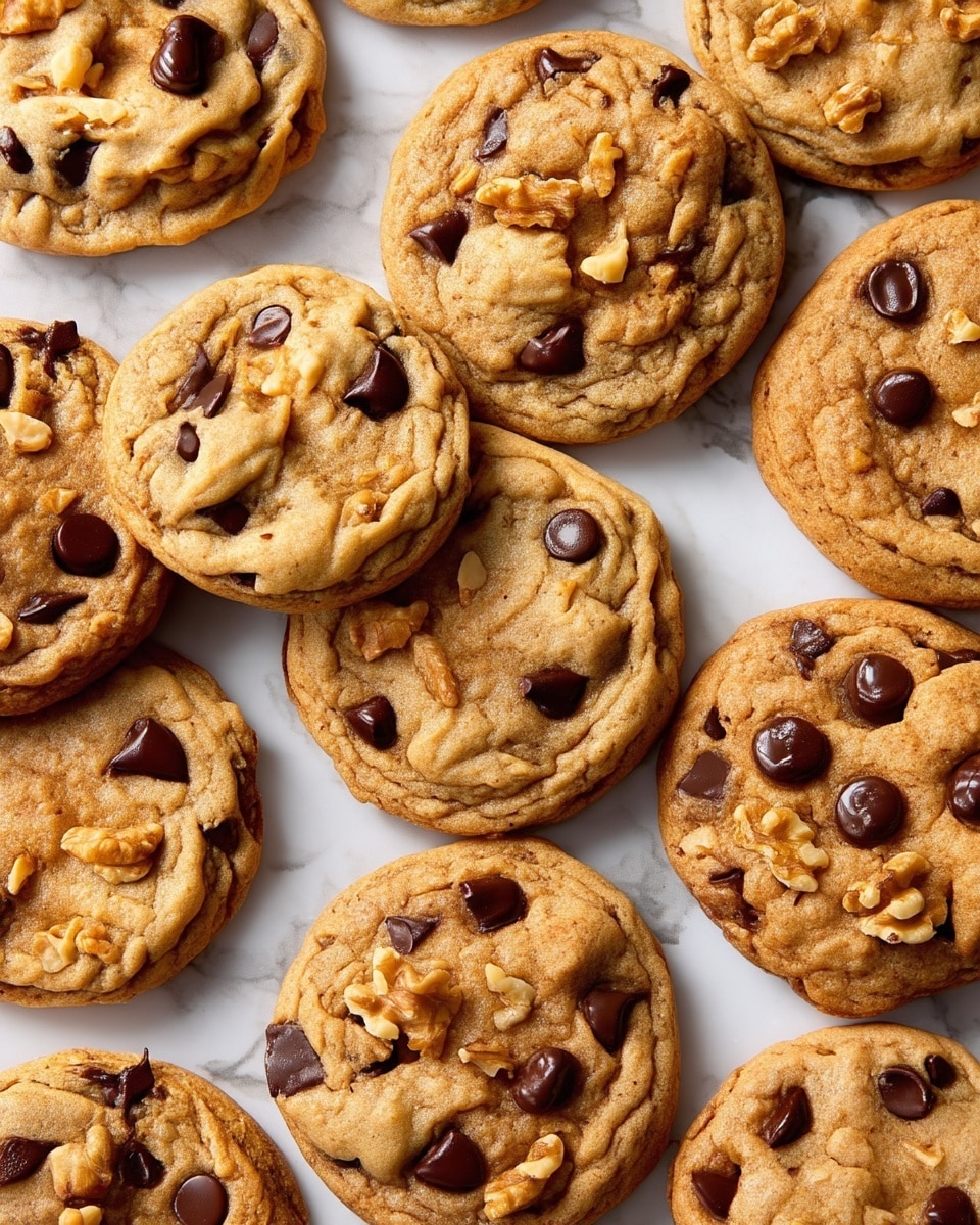 A stack of five light golden brown chocolate chip cookies is placed on a white marble board with a wooden edge, with glossy dark chocolate chips visible on each cookie. Small walnut pieces are embedded on the top cookie, and a few more walnut chunks and chocolate chips are scattered around the board and white marbled surface. Drops of honey or syrup glisten around the cookies, enhancing the warm and fresh look. The background is soft and blurred with a glass of milk and more cookies slightly out of focus. Photo taken with an iphone --ar 4:5 --v 7