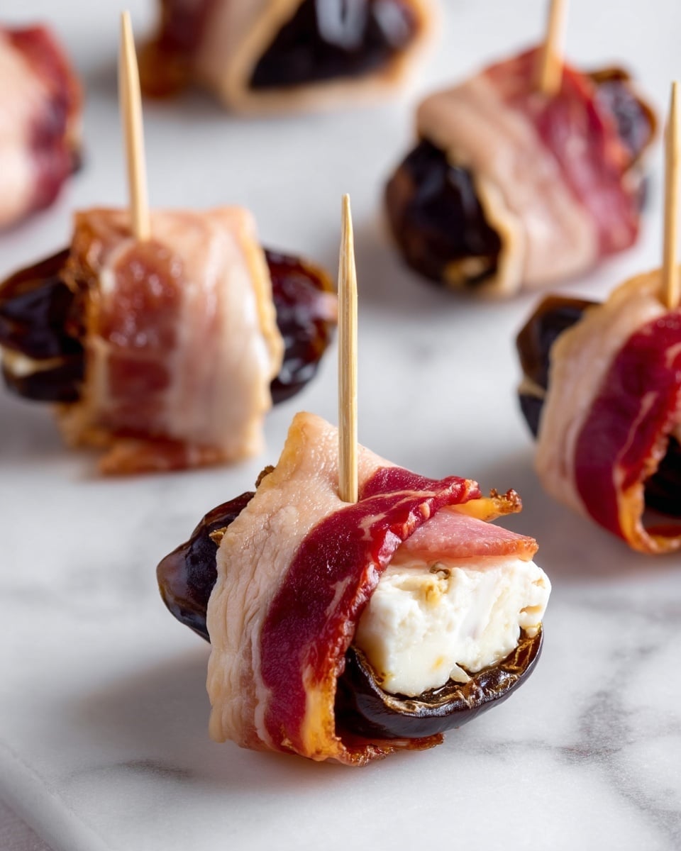 The image shows several small appetizers on a white marbled surface. Each appetizer has three visible layers: a dark brown dried date at the bottom with a chewy texture, a soft white cheese filling in the middle with a smooth and creamy look, and a thin slice of pale pink bacon wrapped around the date and cheese, secured with a wooden toothpick in the center. The bacon layer has a slight marbled pattern of white fat and red meat. The appetizers are arranged in a loose triangular formation, with the closest one in sharp focus showing all details clearly. Photo taken with an iphone --ar 4:5 --v 7