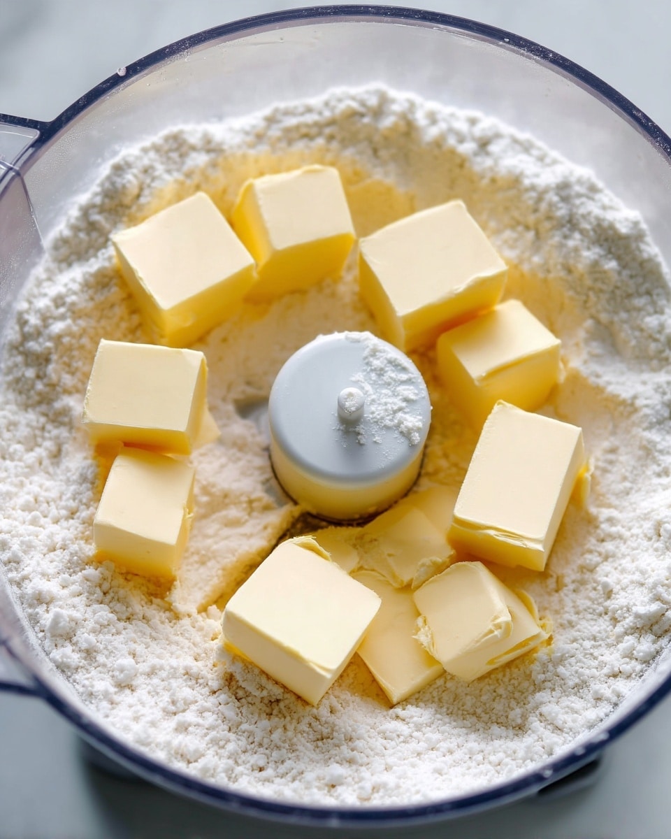 The image shows a clear food processor bowl filled with white flour covering the bottom layer, topped with nine large cubes of pale yellow butter arranged in a circle around the center blade. The white marbled surface underneath the food processor is faintly visible through the transparent base. The butter cubes have smooth edges with slight soft textures and stand out against the fine powdery flour beneath. Photo taken with an iphone --ar 4:5 --v 7