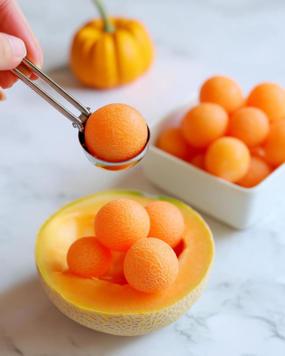 The image shows a close-up of a metal scoop holding one round orange melon ball above a hollowed-out half of a cantaloupe melon, which is light orange inside and has a pale yellow skin. Behind this, there is a small orange pumpkin, slightly blurred. To the right of the melon, a white square bowl is filled with more round orange melon balls, sitting on a white marbled surface. A woman's hand is holding the metal scoop from the left side. The colors are soft and bright, with the orange tones standing out against the white background. photo taken with an iphone --ar 4:5 --v 7