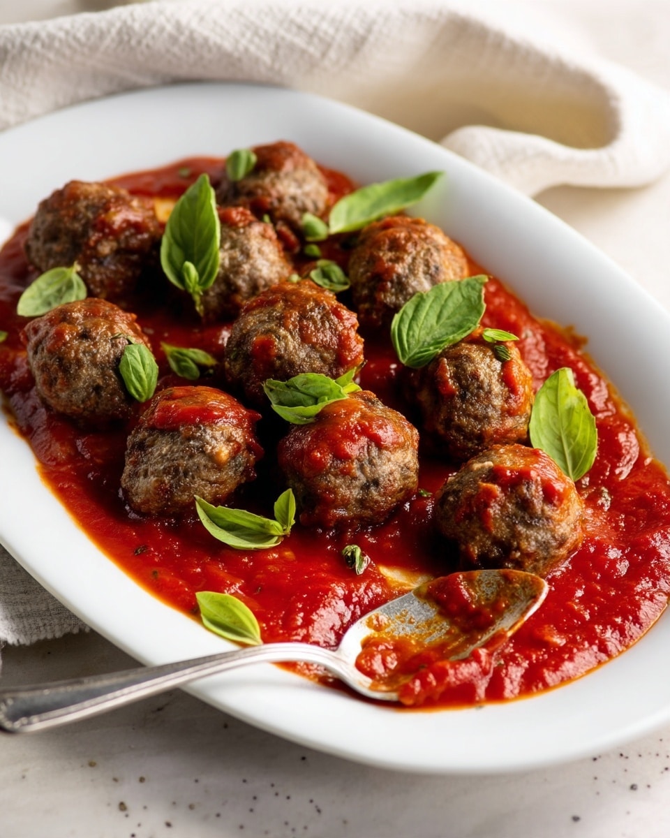 A white oval plate holds about ten browned meatballs covered in thick red tomato sauce with a smooth texture. The meatballs are roughly round with a slightly rough surface, sitting closely together mostly in the center of the plate. Bright green basil leaves are scattered on top and around the meatballs, adding a fresh color contrast. A metal fork rests on the right edge of the plate, partially in the sauce. The plate is set on a white marbled surface with some fresh cherry tomatoes on vines nearby and scattered black pepper around, creating a fresh and inviting look. Photo taken with an iphone --ar 4:5 --v 7