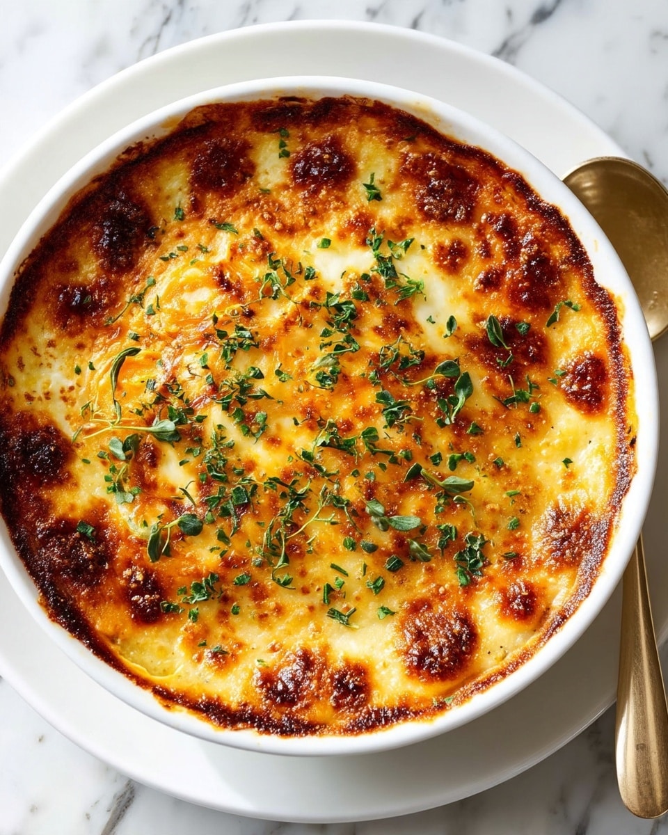 The dish shows a close-up of a baked layer made of thin, round slices of orange sweet potato spread evenly across the surface. The slices are topped with melted golden cheese that looks bubbly and slightly browned in spots, creating a textured, shiny crust. Small green herb leaves are scattered on top, adding a fresh touch of color. The edges of the dish have a light crust where the cheese has browned more. The dish sits on a white marbled surface. photo taken with an iphone --ar 4:5 --v 7
