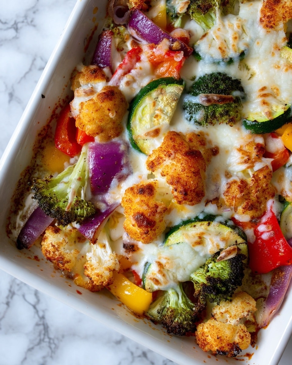 A close-up of a baked dish on a white marbled surface, showing a single layer of roasted cauliflower florets with a reddish seasoning, small pieces of green broccoli, slices of green zucchini, red and yellow bell peppers, and purple onion. The vegetables are covered in a layer of melted white cheese that is bubbly and slightly browned in spots, evenly spread over the colorful vegetables. The texture of the cheese is creamy and stretchy, blending with the roasted vegetables beneath. photo taken with an iphone --ar 4:5 --v 7
