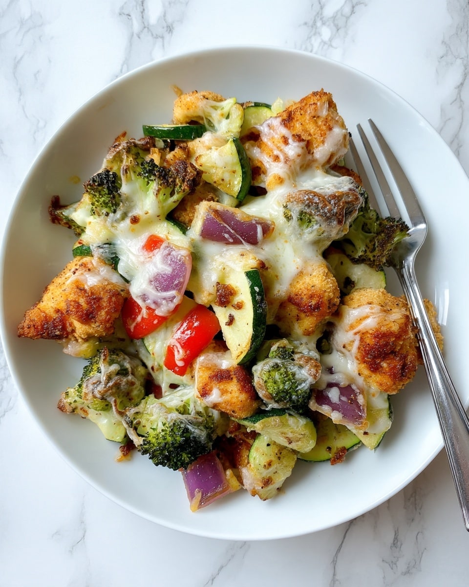A white plate holds a serving of golden-brown fried chicken pieces covered with melted white cheese. Mixed in are roasted green broccoli florets, round slices of light green zucchini, small pieces of red bell pepper, and purple onion chunks. The cheese looks creamy and stretches slightly between the ingredients. The plate sits on a white marbled surface, and a metal fork rests on the side. Photo taken with an iphone --ar 4:5 --v 7