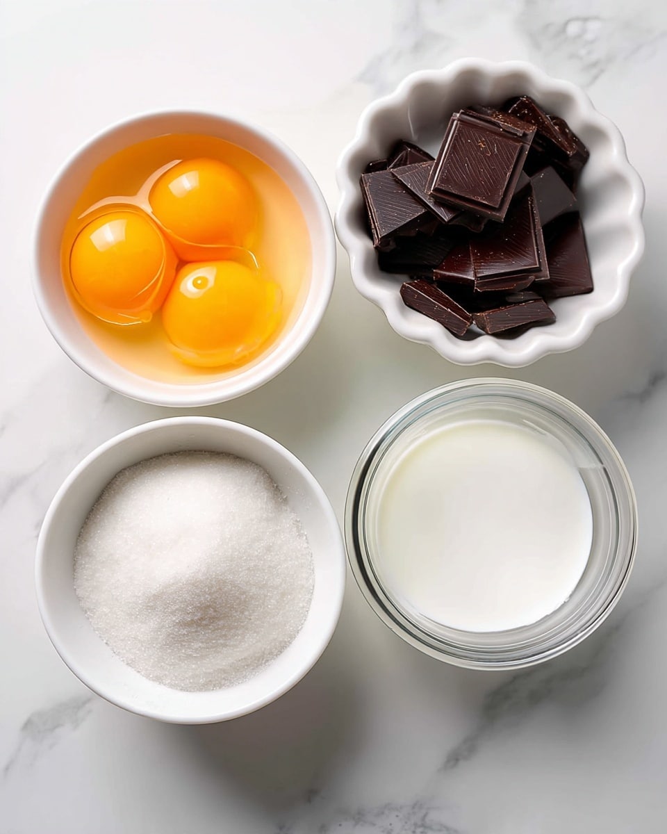 There are four small white bowls on a white marbled surface, each holding different ingredients. The top left bowl contains three bright orange egg yolks with a shiny, smooth surface. The top right bowl has dark chocolate pieces that are broken into small squares with sharp edges. The bottom left bowl is filled with fine white sugar that has a soft and grainy texture. The bottom right container, a clear glass bowl, holds a white liquid, likely milk, smooth and slightly reflective. The arrangement is symmetrical and evenly spaced. photo taken with an iphone --ar 4:5 --v 7
