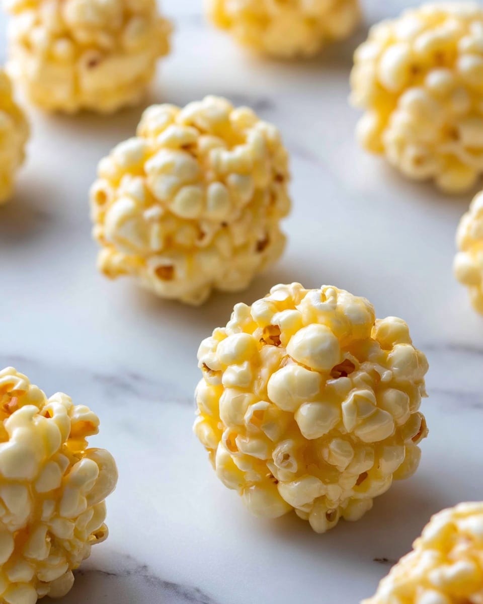 The image shows several small popcorn balls arranged on a white marbled surface. Each popcorn ball is made of tightly packed, light yellow popcorn pieces forming a rough, round shape. The popcorn has a slightly glossy texture, suggesting a thin coating of syrup or caramel. The popcorn balls are spaced evenly, and the scene is softly lit, enhancing the light and crispy look of the popcorn. Photo taken with an iphone --ar 4:5 --v 7