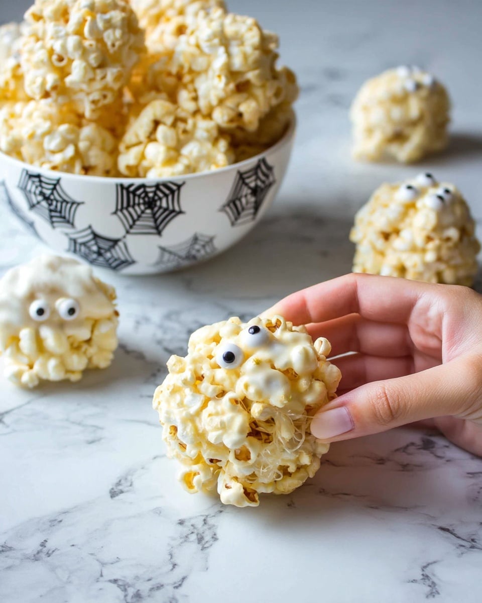 A woman’s hand is pulling apart a cluster of popcorn balls that are light golden and covered in a sticky, stretchy white coating, showing thin, stringy layers of melted marshmallow or syrup inside. In the background, more popcorn balls are visible, one decorated with two small white candy eyes with black dots, placed on a white bowl with black spider web designs. All items are set on a white marbled surface. photo taken with an iphone --ar 4:5 --v 7