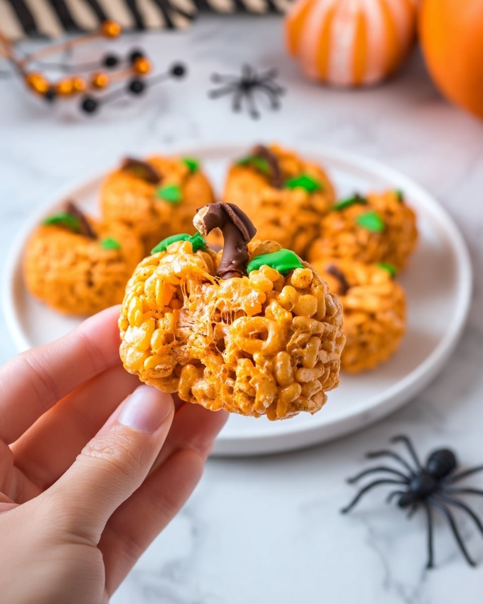 A close-up of a woman's hand holding a small pumpkin-shaped treat made of orange puffed rice cereal marshmallow mix, showing sticky marshmallow strands stretched between two parts. The treat has one small brown chocolate stick on top as a stem and a bright green icing leaf beside it. In the background, several similar pumpkin treats are visible on a white plate, all placed on a white marbled surface with blurred Halloween-themed decorations including a small pumpkin and black spider shapes. Photo taken with an iphone --ar 4:5 --v 7