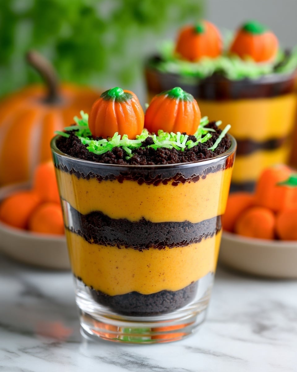 A clear glass shows a layered dessert with four layers, starting and ending with dark brown, crumbly layers that look like crushed cookies. Between these are two smooth, bright orange layers with a creamy texture. On top, there are two small, orange pumpkin-shaped candies with green tops, sitting on green, shredded decoration that looks like grass. The background is a white marbled surface with more similar desserts and some real pumpkins visible but blurred. photo taken with an iphone --ar 4:5 --v 7