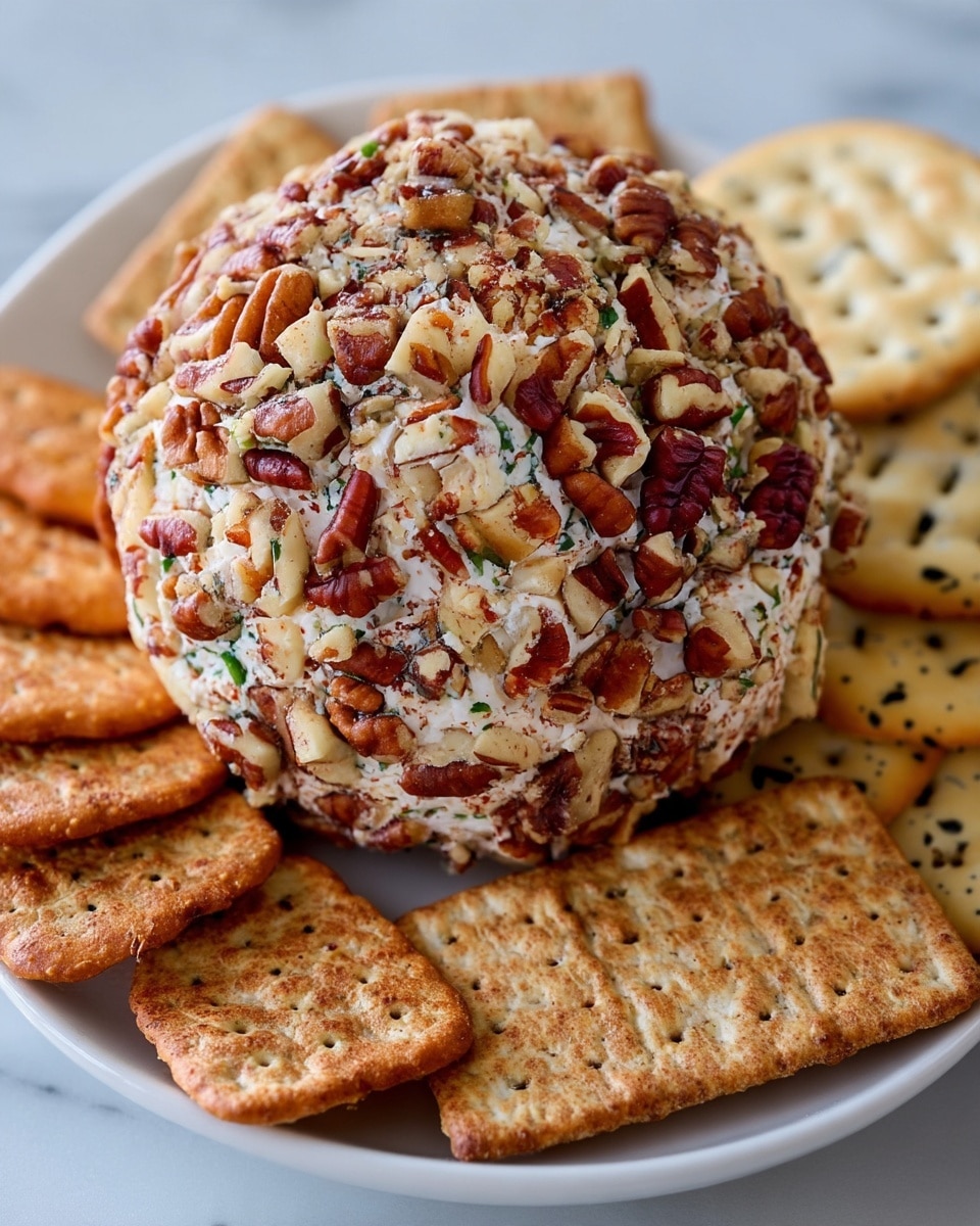 A round cheese ball on a white plate with a white marbled surface underneath. The cheese ball is fully covered in large, uneven pieces of reddish-brown pecans mixed with small green herb flecks visible inside. Around the cheese ball, there are two types of crackers: one type is oval-shaped with black sesame seeds, and the other type is rectangular with a rough texture and small holes. The arrangement shows the cheese ball close up with the crackers slightly blurred on the edges. Photo taken with an iphone --ar 4:5 --v 7