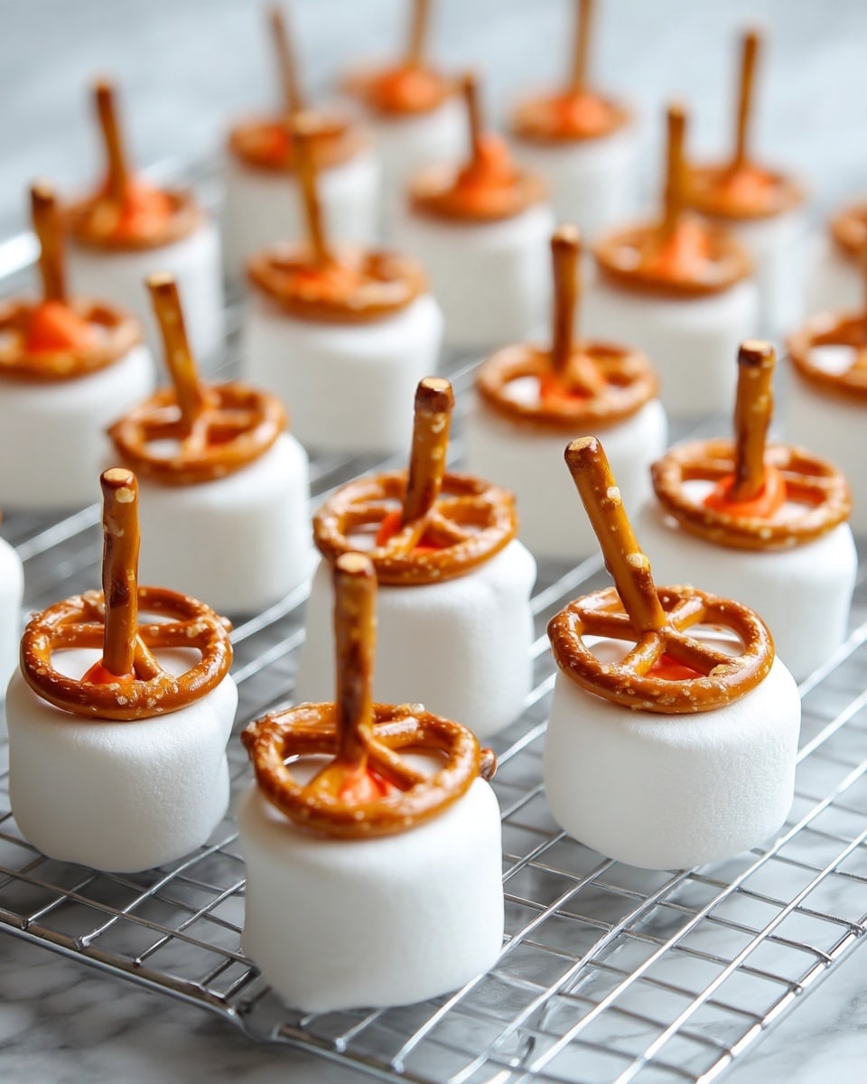 The image shows a group of white marshmallows each with a small pretzel stick standing upright in the center. At the top of each marshmallow, there is a dollop of bright orange frosting or candy, holding the pretzel stick in place. The marshmallows are arranged neatly in rows on a wire rack with a white marbled surface underneath. The lighting is soft and even, highlighting the smooth texture of the marshmallows and the shiny surface of the pretzels. Photo taken with an iphone --ar 4:5 --v 7