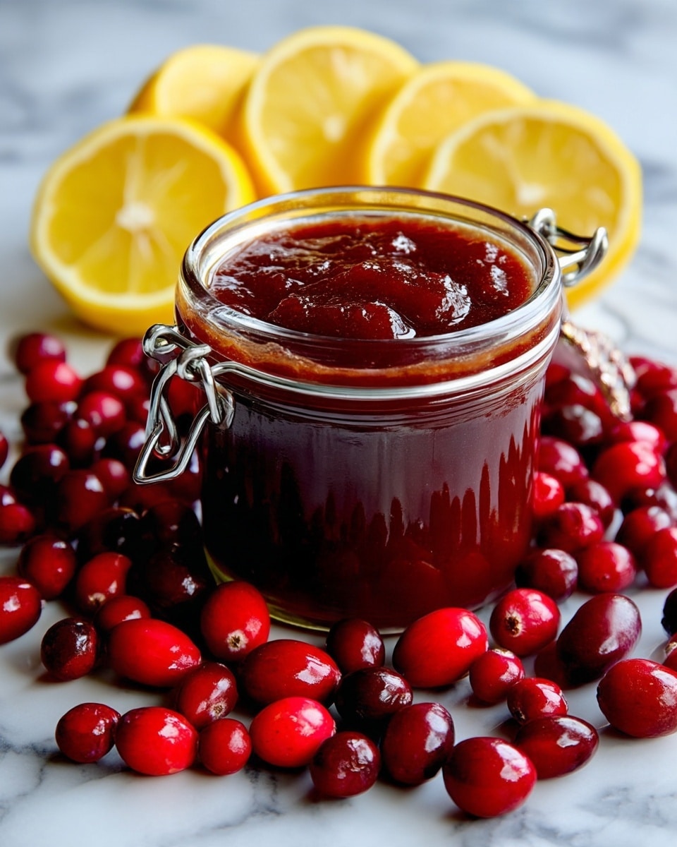 A glass jar filled with thick, dark red sauce packed closely inside, placed on a white marbled surface. Around the jar, there are many bright red cranberries spread out, and behind the jar, several fresh, bright yellow lemon slices are arranged in a fan-like pattern. The jar has a metal clasp and a clear glass lid. The scene is colorful with strong reds and yellows shining against the smooth white marbled background. photo taken with an iphone --ar 4:5 --v 7