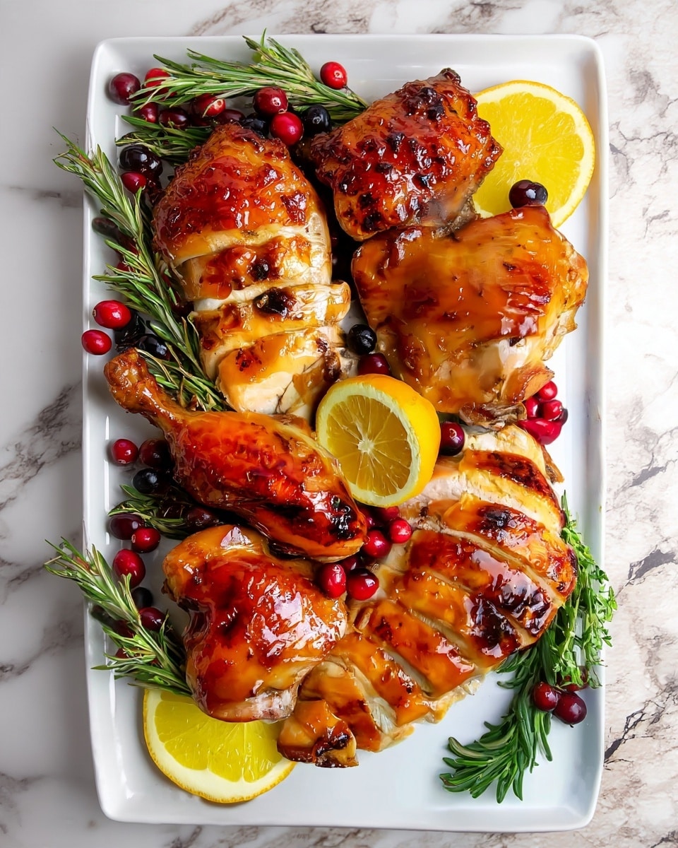 The image shows a white rectangular plate on a white marbled surface, filled with glazed roasted chicken pieces. There are six chicken portions arranged neatly, three on each side. The chicken has a shiny caramel brown glaze with some darker char marks, showing a crisp skin texture. Slices of chicken are placed in the middle, showing tender, juicy meat inside. Bright red cranberries are scattered around the chicken pieces as decoration. A yellow lemon slice rests on one edge of the plate. Fresh green rosemary sprigs are placed on one side, adding a touch of color. Photo taken with an iphone --ar 4:5 --v 7