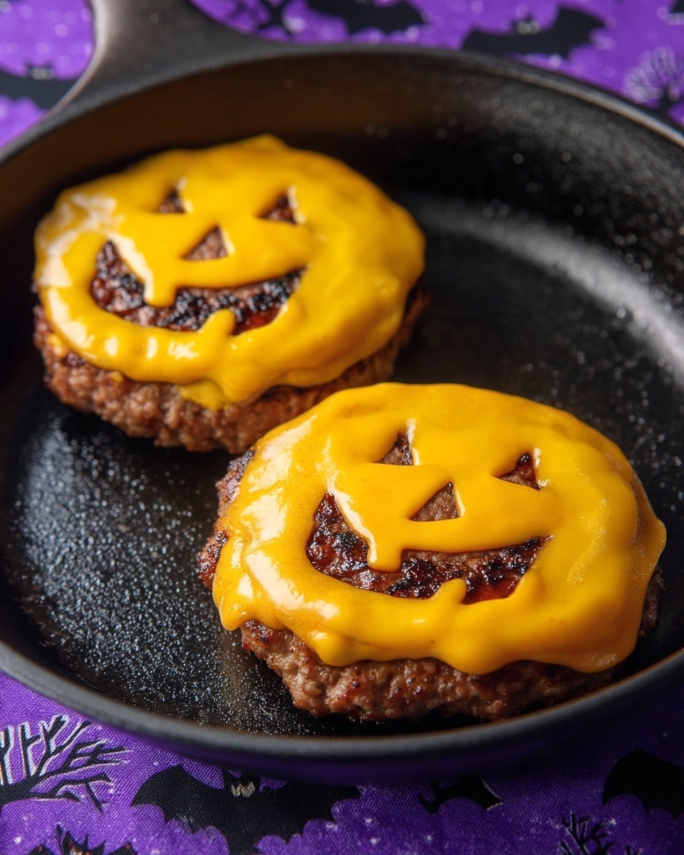 Two round meat patties in a black pan each have a smooth, shiny layer of melted orange cheese on top that is shaped like jack-o'-lantern faces. The cheese covers each patty fully, with triangle eyes and jagged smiling mouths showing the browned meat underneath. The pan sits on a purple cloth with black Halloween tree patterns under it, while the pan’s surface looks slightly textured and worn. photo taken with an iphone --ar 4:5 --v 7