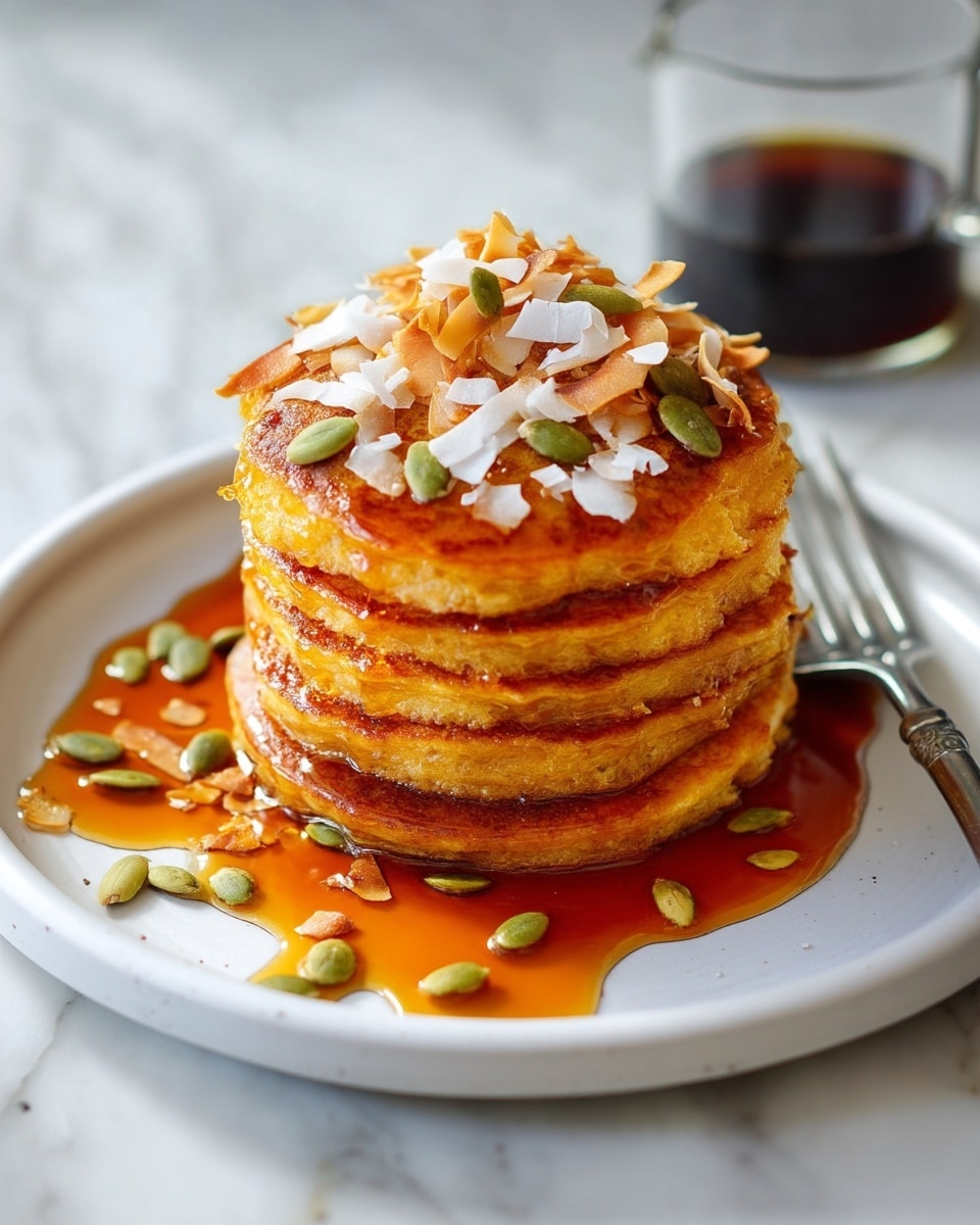 A stack of five thick, golden-brown pancakes sits in the center of a white plate on a white marbled surface. The pancakes have a soft, fluffy texture with syrup slowly dripping down their sides. On top, there is a generous layer of sliced toasted coconut and green pumpkin seeds, adding a crunchy, fresh look. More toasted coconut and pumpkin seeds are scattered lightly around the base of the pancake stack. The background is dark blue, making the warm colors of the pancakes stand out. photo taken with an iphone --ar 4:5 --v 7