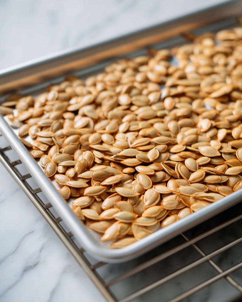 The image shows a single silver baking tray filled with small, golden pumpkin seeds spread out in a thin, uneven layer across the surface. The seeds are light brown and slightly shiny, catching soft light that highlights their oval, flat shapes. The tray is inside an oven, visible by metal rack bars underneath and a dark oven interior blurred in the background. The baking tray edges are smooth and slightly raised around all sides. The scene is set on a white marbled surface. Photo taken with an iphone --ar 4:5 --v 7