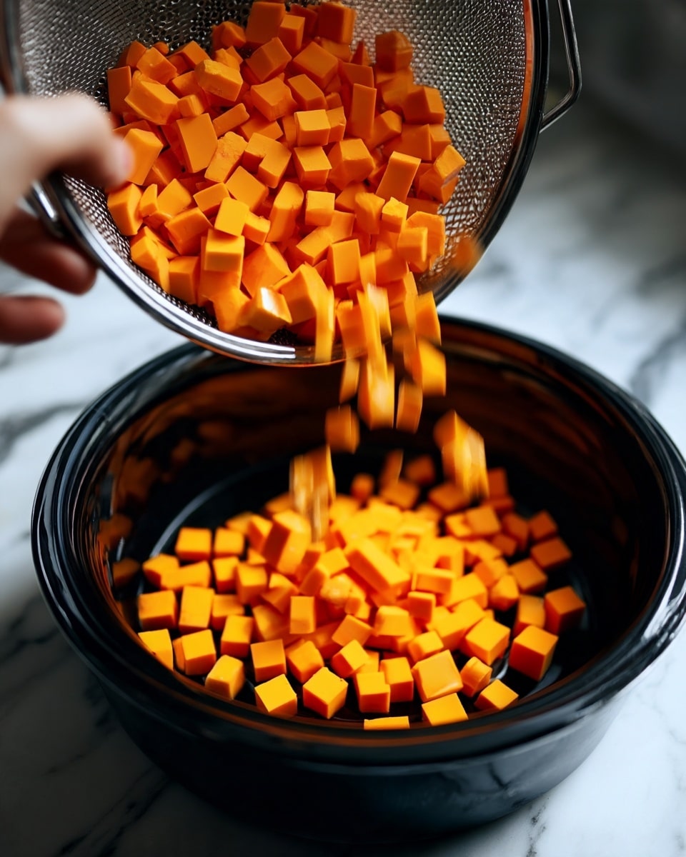 The image shows small bright orange cubes being poured into a dark round pot from a metal bowl held by a woman's hand. The orange cubes are uniform in size and shape, forming the first layer in the pot. The pot has a shiny black inner surface, contrasting with the vibrant orange cubes. A white marbled surface is visible underneath. The motion of the cubes being poured creates a blurred effect, showing movement from the metal bowl to the pot photo taken with an iphone --ar 4:5 --v 7