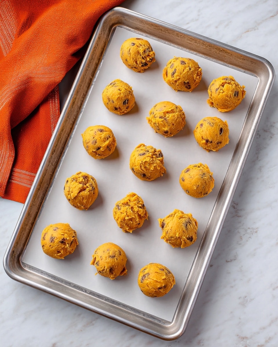 The image shows a silver baking tray lined with white parchment paper, holding twelve scoops of cookie dough spaced out evenly. The dough is golden-orange in color with small dark spots, showing a textured, slightly rough surface. The tray rests on a white marbled surface, with a small corner of an orange cloth visible in the upper left area. Photo taken with an iphone --ar 4:5 --v 7