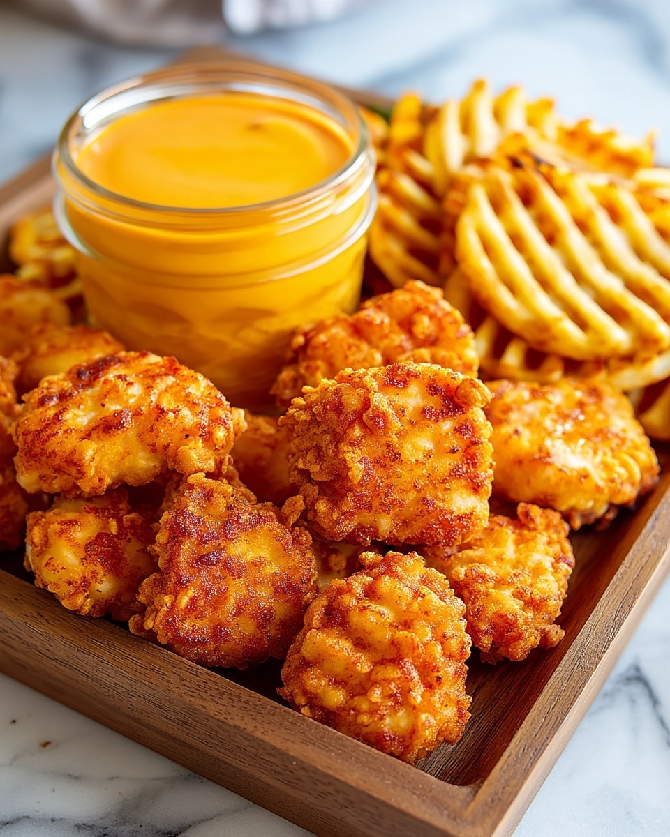 The image shows a wooden board filled with many pieces of golden fried chicken nuggets, with a crispy and crunchy texture. Behind the nuggets, there is a pile of golden waffle fries with a grid pattern, looking crispy as well. To the right side of the board, there is a clear glass container filled with creamy orange dipping sauce. The background surface is white marbled, and a woman's hand is partly visible holding the board. photo taken with an iphone --ar 4:5 --v 7