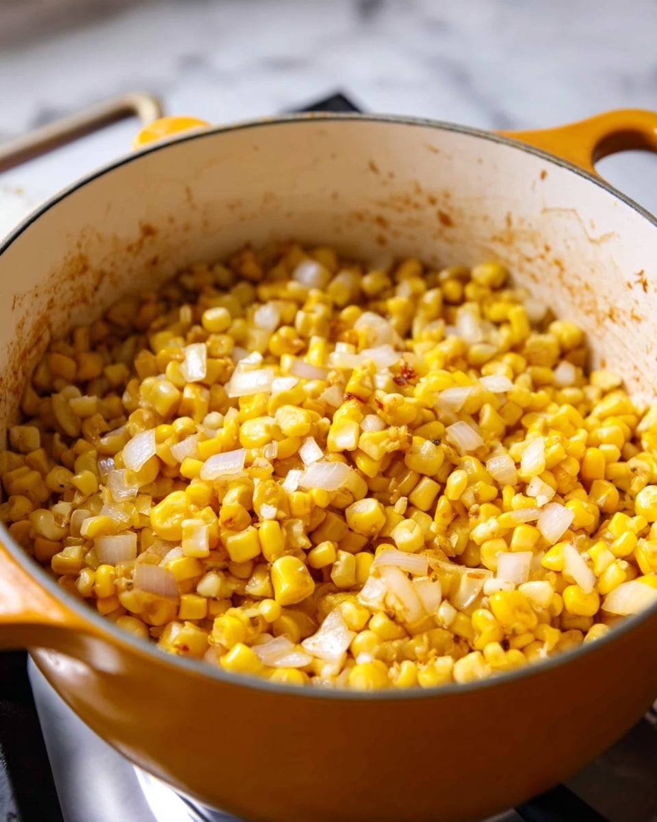 A close-up of a yellow cooking pot filled with cooked corn kernels mixed with small pieces of translucent white onions and light brown seasoning. The corn and onions create a mostly yellow and white mix with some light brown patches from the spices, and the inside of the pot shows some light splatters of browned bits. The pot is placed on a stove burner with a white marbled surface visible at the bottom edges. photo taken with an iphone --ar 4:5 --v 7