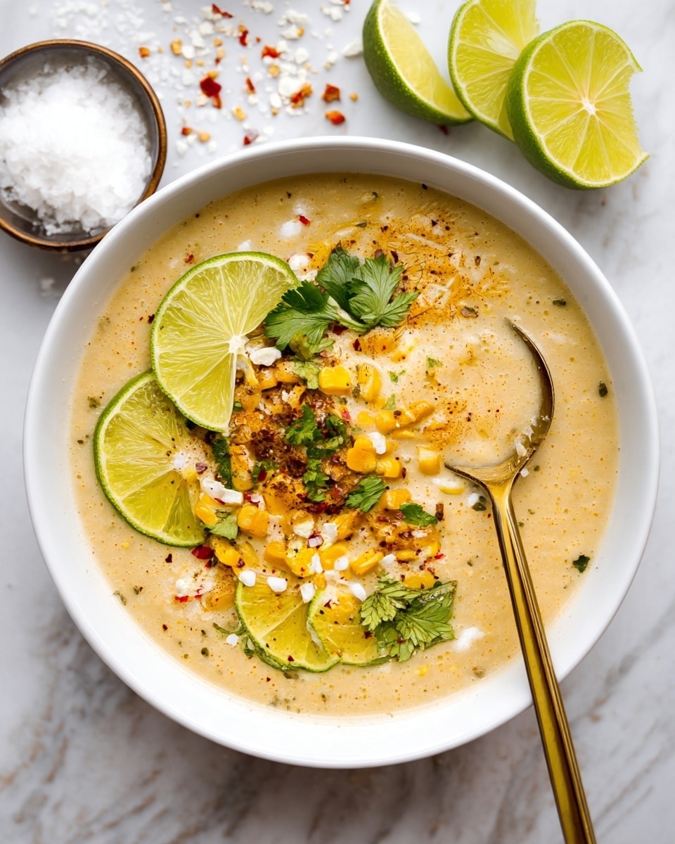 The image shows a white bowl filled with a creamy soup that is light tan in color. On top of the soup, there are three thin lime slices arranged side by side near the bowl's edge. There are small pieces of bright yellow roasted corn sprinkled across the surface, along with some chopped green herbs and a few red chili flakes adding color contrast. A gold spoon with a reflective shine rests inside the bowl at the right side, partly submerged in the soup. Behind the bowl, there's a white marbled surface and a small bowl of coarse salt with a lime half placed around the top edge. The photo taken with an iphone --ar 4:5 --v 7