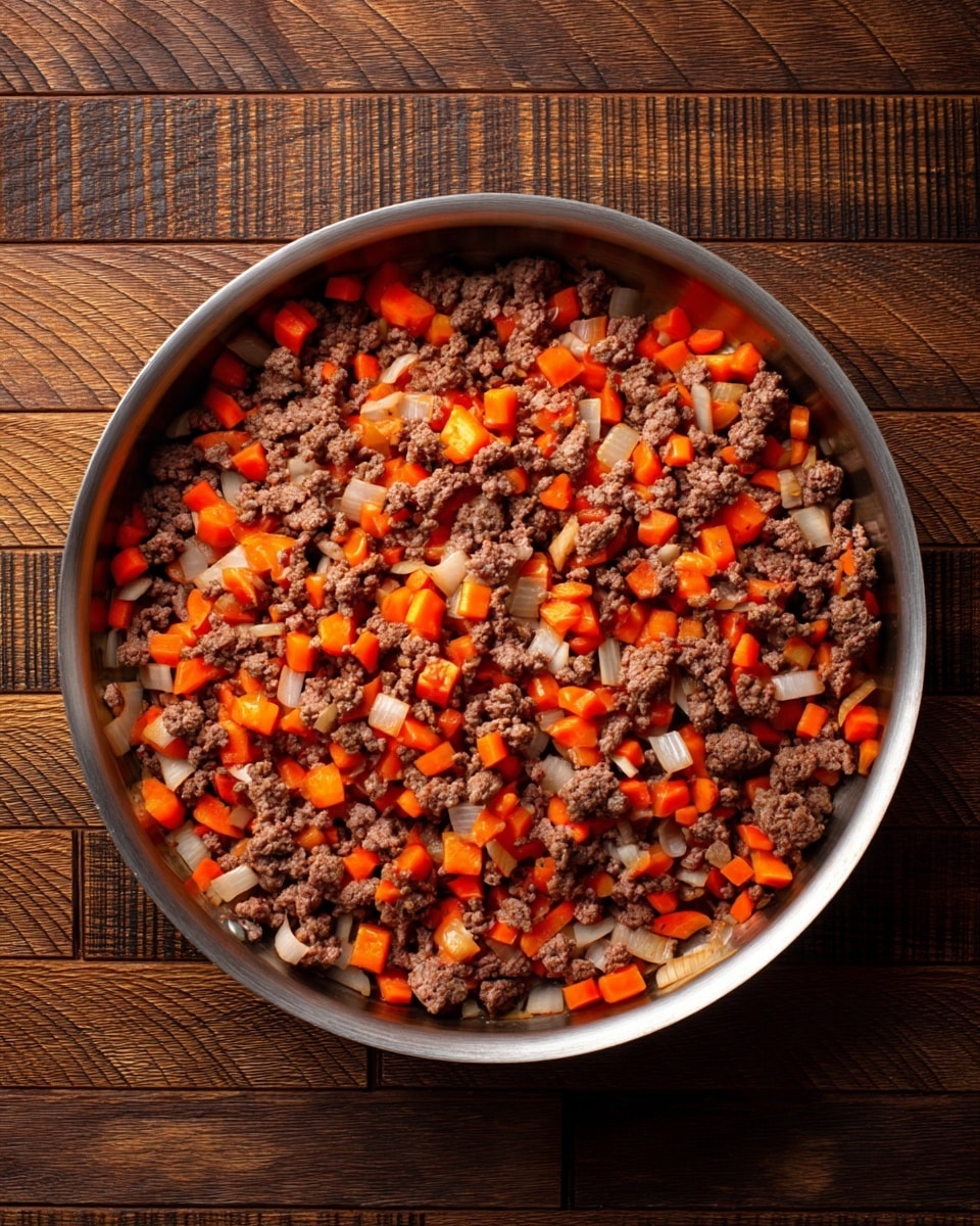 A silver pan filled with cooked ground beef mixed with small orange carrot pieces and translucent chopped onions, all evenly distributed across one layer, sitting on a brown wooden textured surface. photo taken with an iphone --ar 4:5 --v 7