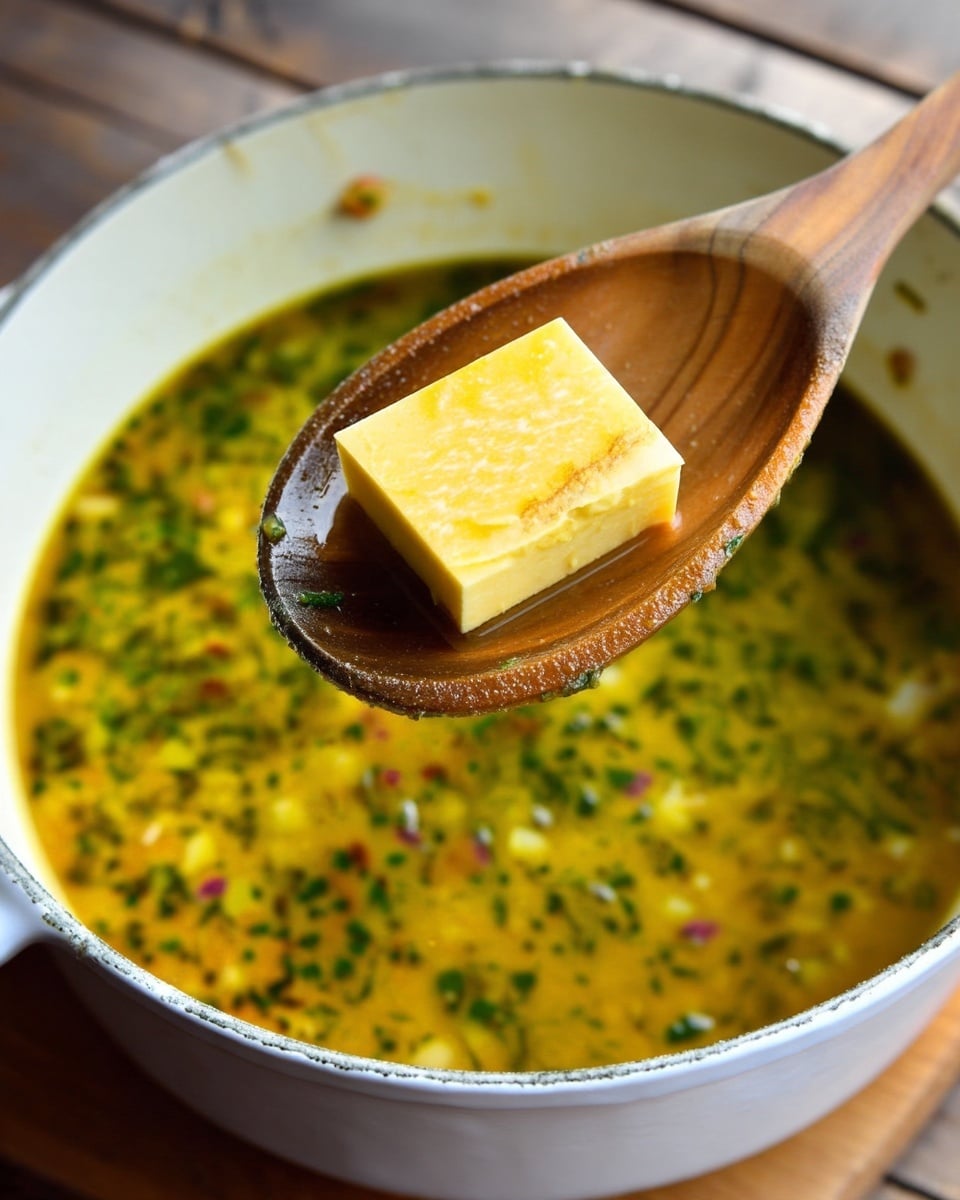 A close-up view of a white pot filled with a yellow-green broth that has small bits of herbs and spices floating in it, showing a textured and slightly oily surface. A wooden spoon with a smooth, deep bowl is held above the broth, holding a small pale yellow square piece that has a soft, slightly moist look. The background shows part of a wooden surface out of focus. The image has warm and natural lighting. photo taken with an iphone --ar 4:5 --v 7
