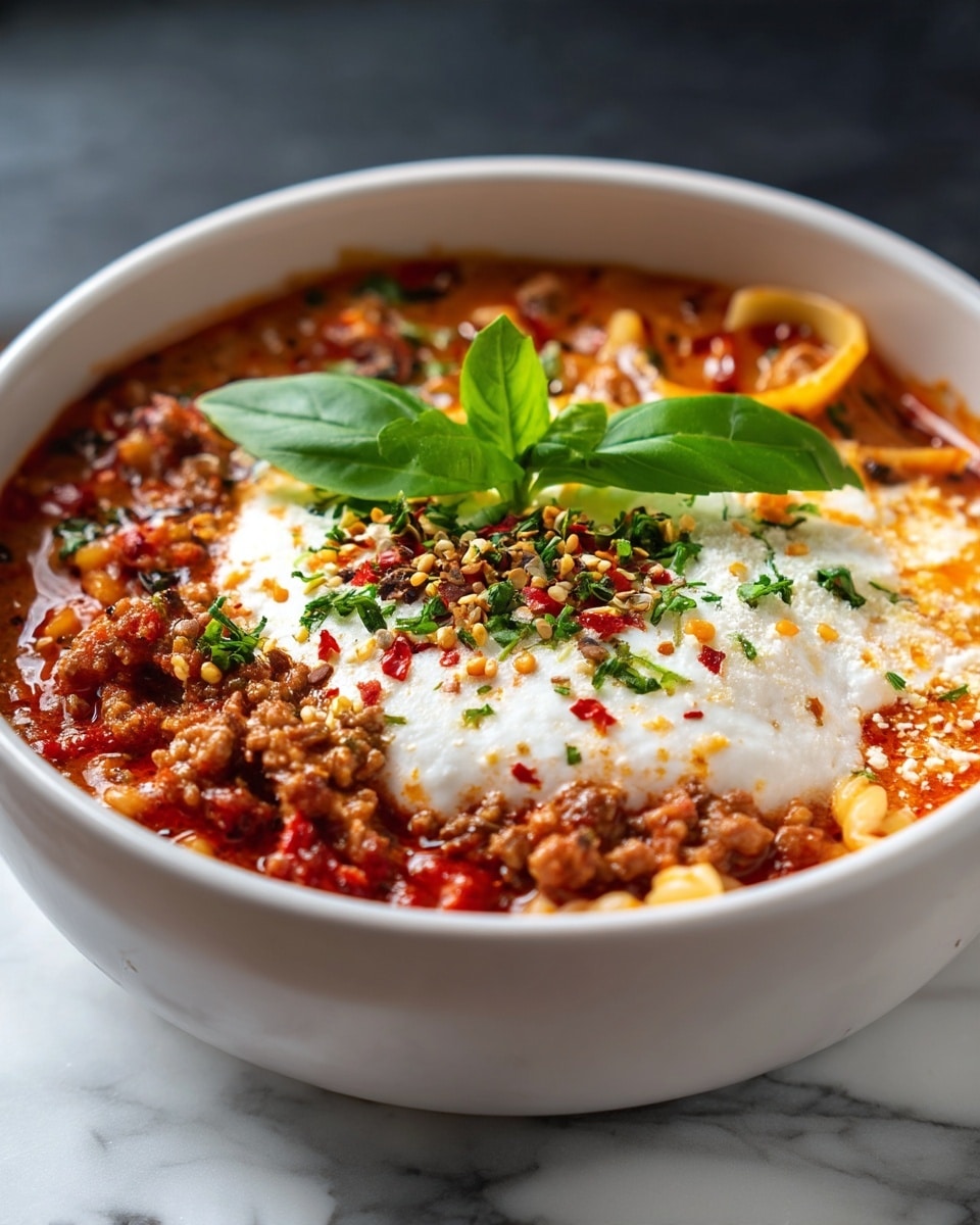 A white bowl filled with a rich, chunky baked dish showing melted cheese stretching from a spoon lifted above it. The dish has a layered look with a reddish tomato base mixed with browned bits, a generous layer of creamy white cheese, and herbs sprinkled on top. The cheese appears soft and stringy, blending with the thick sauce and small tomato pieces. In the background, part of another similar bowl is blurred. The bowl sits on a white marbled surface. Photo taken with an iphone --ar 4:5 --v 7