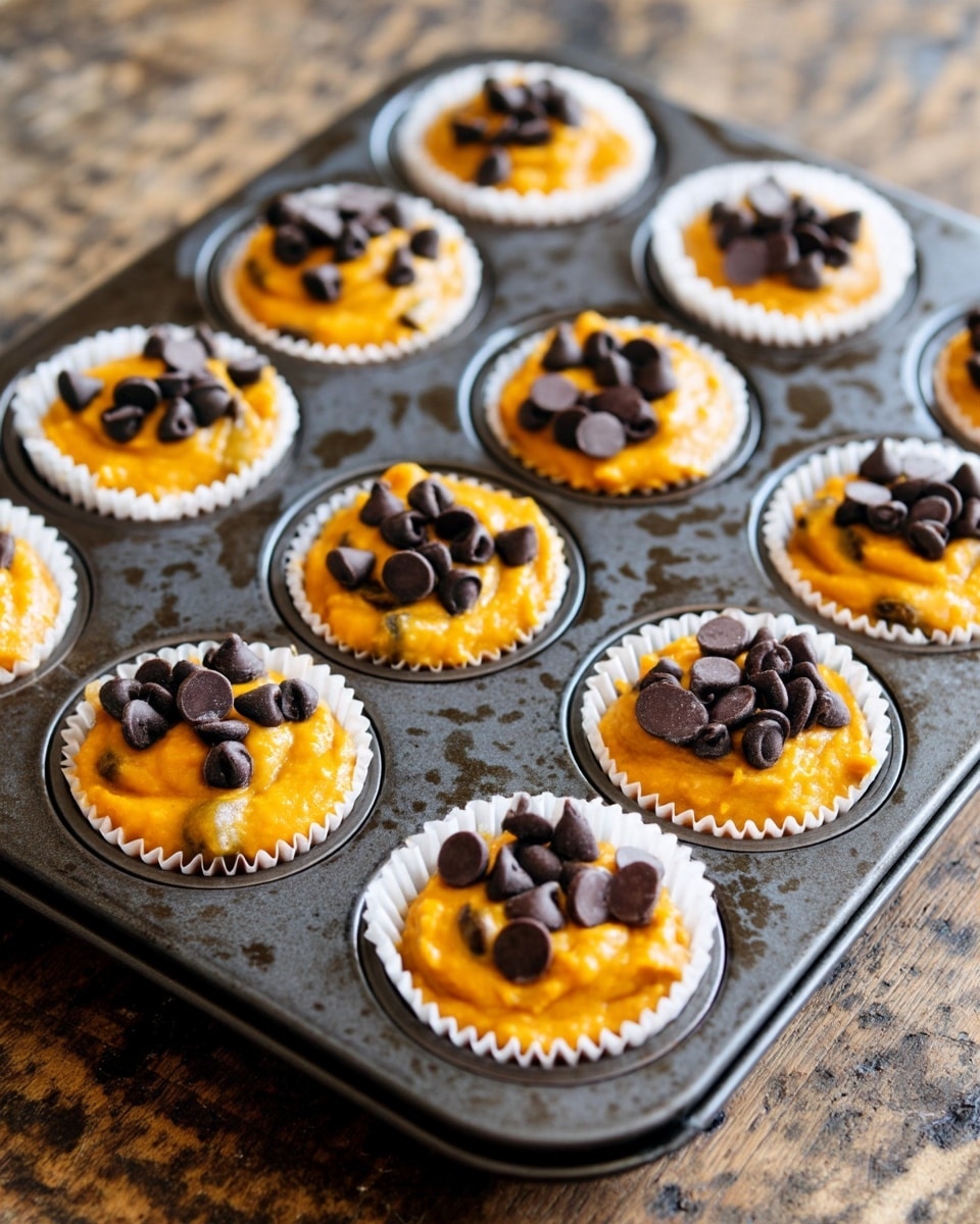 A dark metal muffin tray holds nine white paper cups filled with bright orange batter, each topped with a small pile of dark chocolate chips. The batter is thick and slightly textured, filling about three-quarters of each cup, with chocolate chips clustered mainly on top but slightly sinking in. The tray sits on a wooden surface, but the background is changed to a white marbled texture. The lighting is warm and natural, highlighting the rich colors and smoothness of the batter and the matte finish of the chocolate chips. Photo taken with an iphone --ar 4:5 --v 7