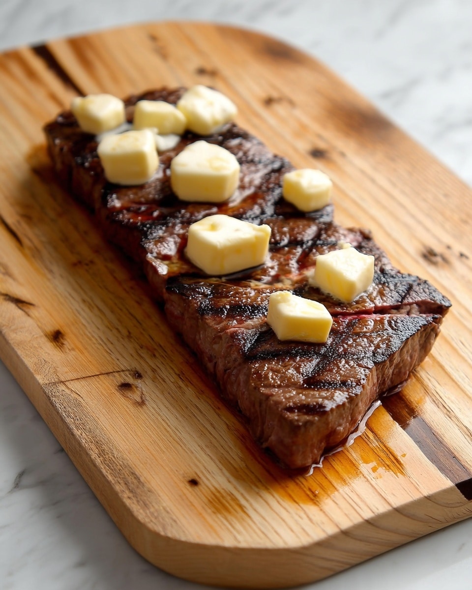 A piece of grilled steak with dark brown and slightly charred grill marks lies on a light wooden cutting board. On top of the steak, there are multiple small dollops of pale yellow butter melting softly. The texture of the steak appears juicy with a few visible lines from cooking. The wooden board has a natural grain and some dark stains, and it is placed on a white marbled surface. photo taken with an iphone --ar 4:5 --v 7