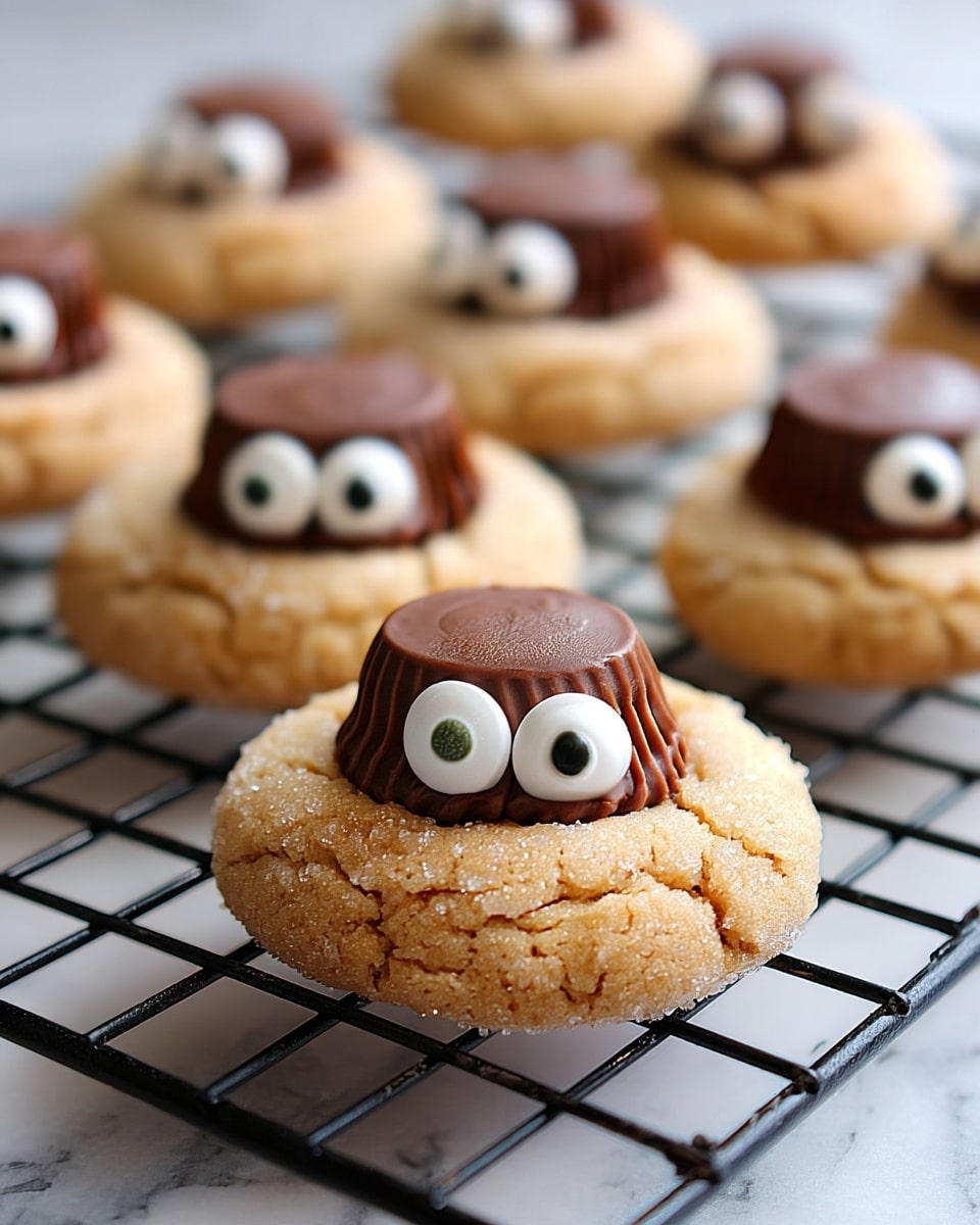 The image shows soft, round, light brown cookies with a slightly cracked surface covered in sugar crystals. Each cookie has a small, dark brown chocolate piece pressed into the center, slightly flattened on top with grooved sides. On each chocolate piece, there are two small white candy eyes with black dots, placed side by side, giving the cookies a playful look. The cookies are arranged on a black cooling rack that sits on a white marbled surface. The focus is on one cookie in the front, with the other cookies softly blurred in the background. photo taken with an iphone --ar 4:5 --v 7