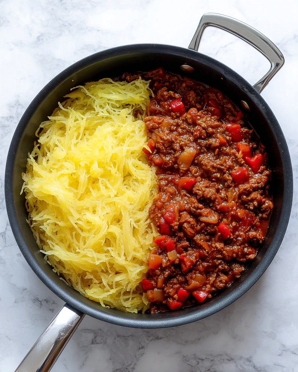 A black pan is filled with two layers side by side: the left half shows a fluffy, stringy yellow squash layer with a light, soft texture; the right half holds a thick, chunky brown meat sauce mixed with red bell peppers and small pieces of onion, creating a rich and hearty look. The pan handle is visible, and the scene is set on a white marbled surface. photo taken with an iphone --ar 4:5 --v 7