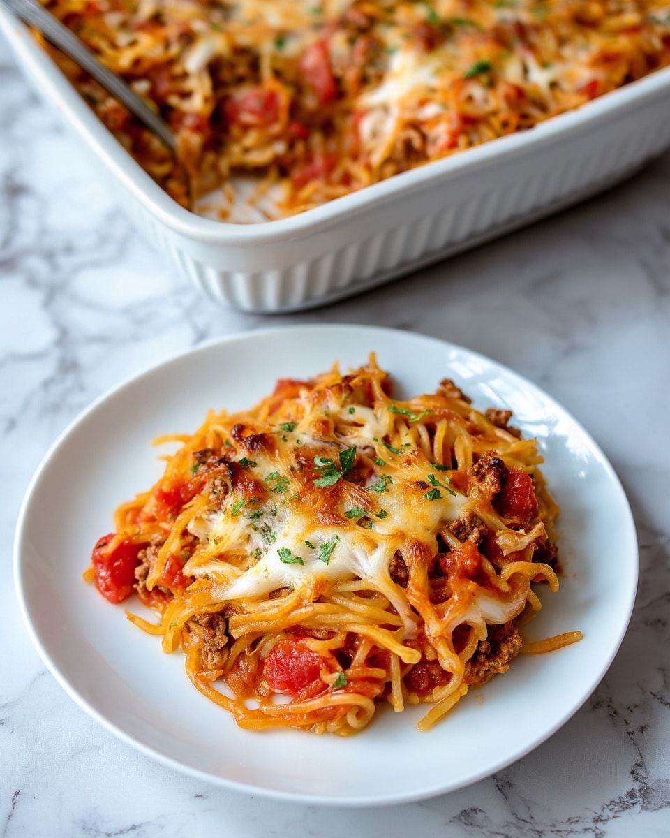 The image shows a white round plate with one serving of a layered casserole. The bottom layer is made of cooked spaghetti mixed with ground meat and tomato chunks, all combined in a rich red sauce. On top of this, there is a layer of melted cheese, slightly browned in some spots, and sprinkled green herbs on the surface. The plate is on a white marbled surface. In the background, a white rectangular baking dish holds the rest of the casserole, showing similar layers of spaghetti, meat, tomato, and cheese. A woman's hand is holding a spoon inside the baking dish. photo taken with an iphone --ar 4:5 --v 7