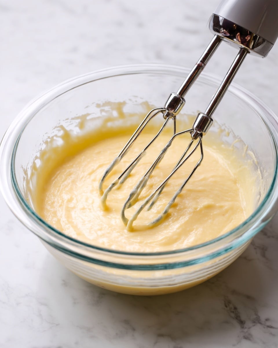 A clear glass bowl filled with a smooth, light yellow batter being mixed by a handheld electric mixer with two metal beaters partially submerged in the batter. The bowl is placed on a white marbled surface. The texture of the batter looks creamy and somewhat thick, covering the beaters evenly. photo taken with an iphone --ar 4:5 --v 7