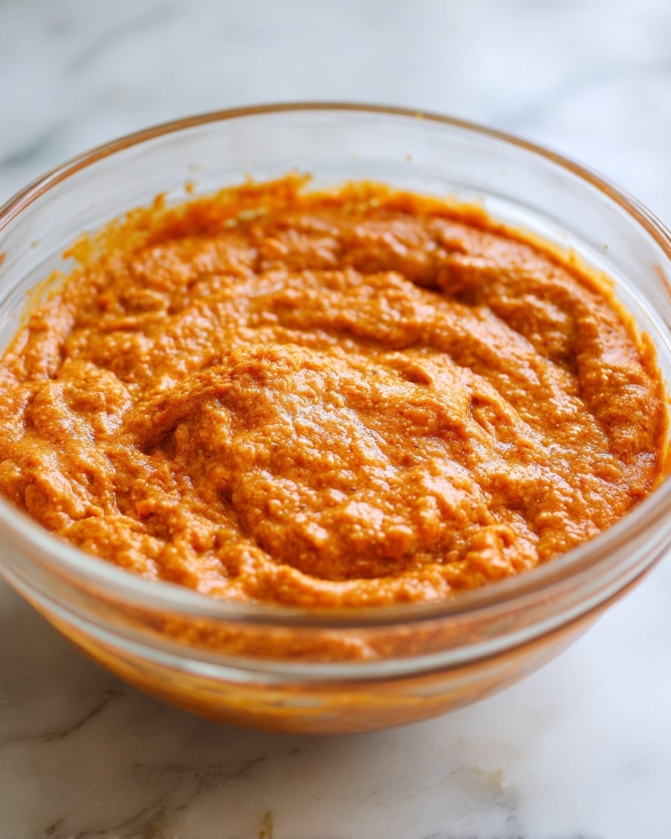 This close-up image shows a thick orange mixture with a slightly rough texture, likely a batter or paste, inside a clear glass bowl. The mixture looks creamy but not smooth, with small lumps and swirls visible across its surface. The bowl sits on a white marbled surface, adding a subtle natural pattern to the background. The photo focuses tightly on the mixture, filling most of the frame with its warm orange color and textured look. photo taken with an iphone --ar 4:5 --v 7