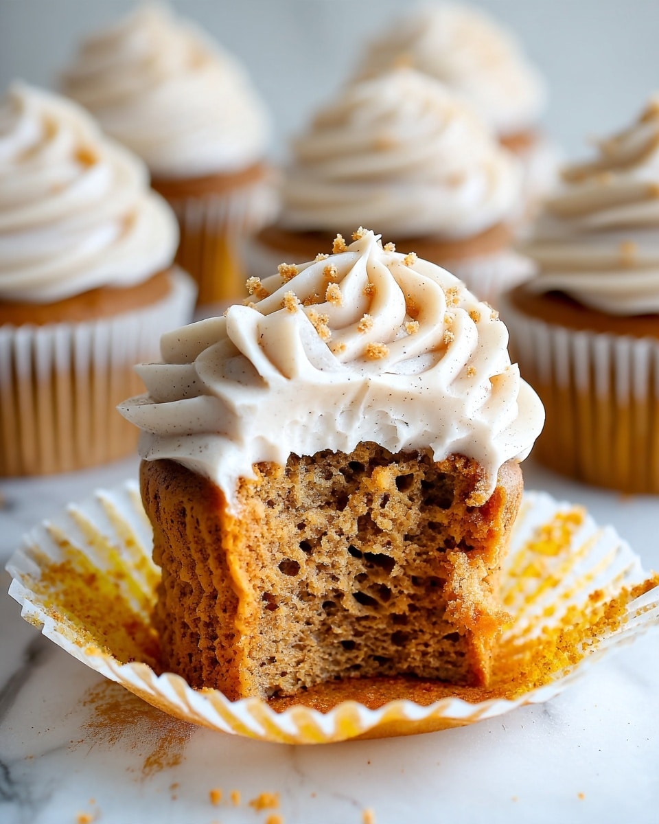 A close-up view of a cupcake with two main layers: the bottom layer is a moist, light brown cake with a soft, airy texture and visible small holes, showing a bit of the inside where a bite has been taken; the top layer is a thick swirl of creamy, off-white frosting with a smooth texture and tiny brown specks, decorated with small crumbs on top. The cupcake liner is white with yellow-orange stripes, opened and spread out underneath the cupcake. In the background, there are a few blurred cupcakes with similar frosting on a white marbled surface. photo taken with an iphone --ar 4:5 --v 7