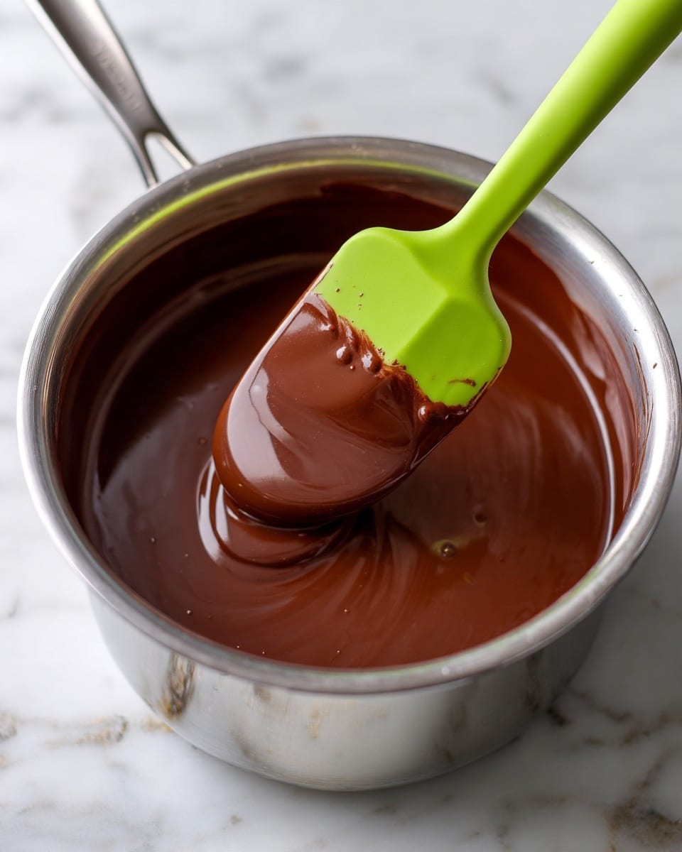 A close-up of a shiny silver pot filled with smooth, melted chocolate that is rich brown in color. A lime green silicone spatula is partially dipped into the chocolate, showing a glossy texture reflecting light. The background is a white marbled surface. photo taken with an iphone --ar 4:5 --v 7