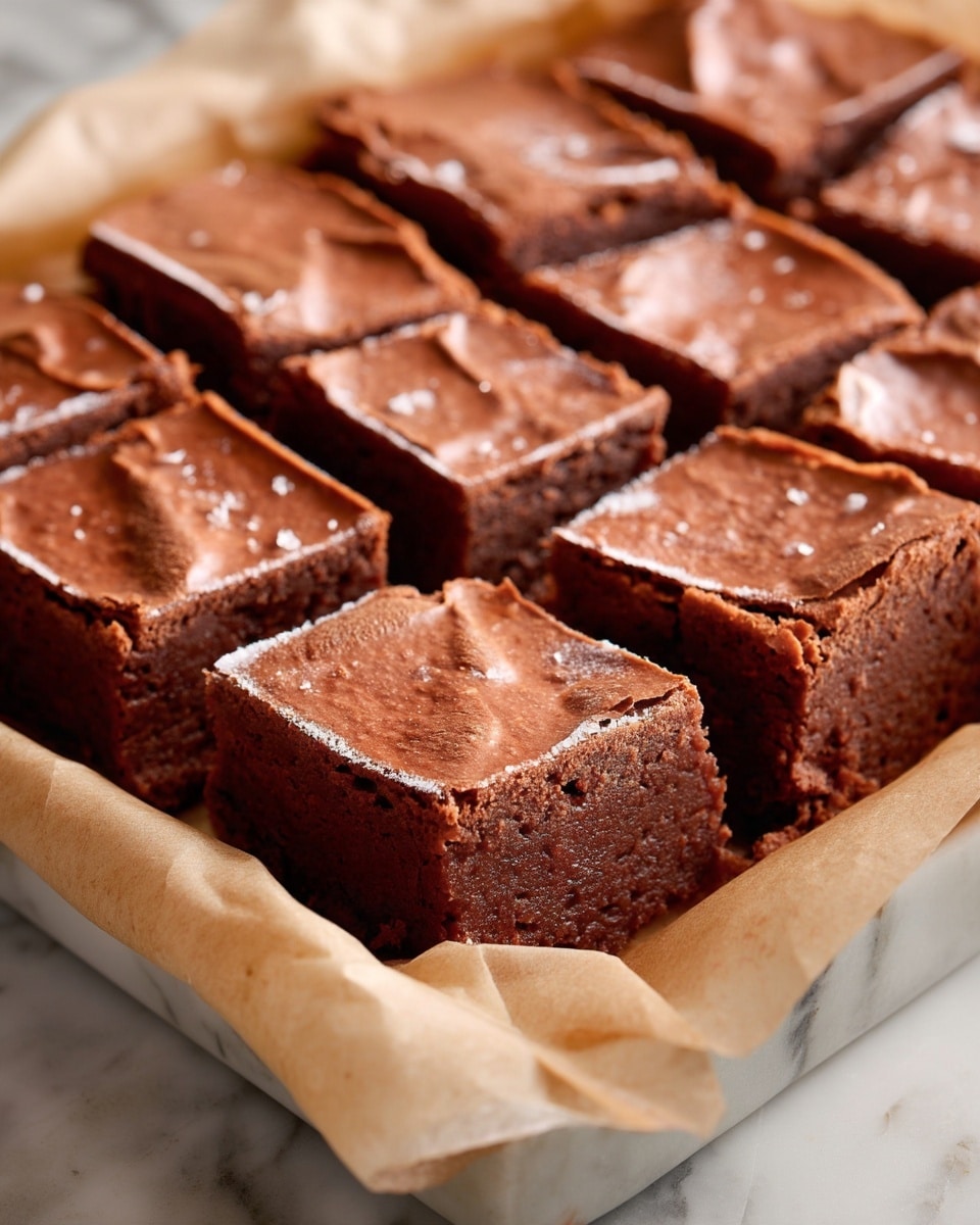 A close-up of a tray of brownies cut into small square pieces arranged in rows. Each brownie has a smooth, slightly shiny brown top with a few small cracks and a soft, dense texture. The edges of the brownies look firm but moist inside. The tray is lined with light brown parchment paper and placed on a white marbled surface. Photo taken with an iphone --ar 4:5 --v 7